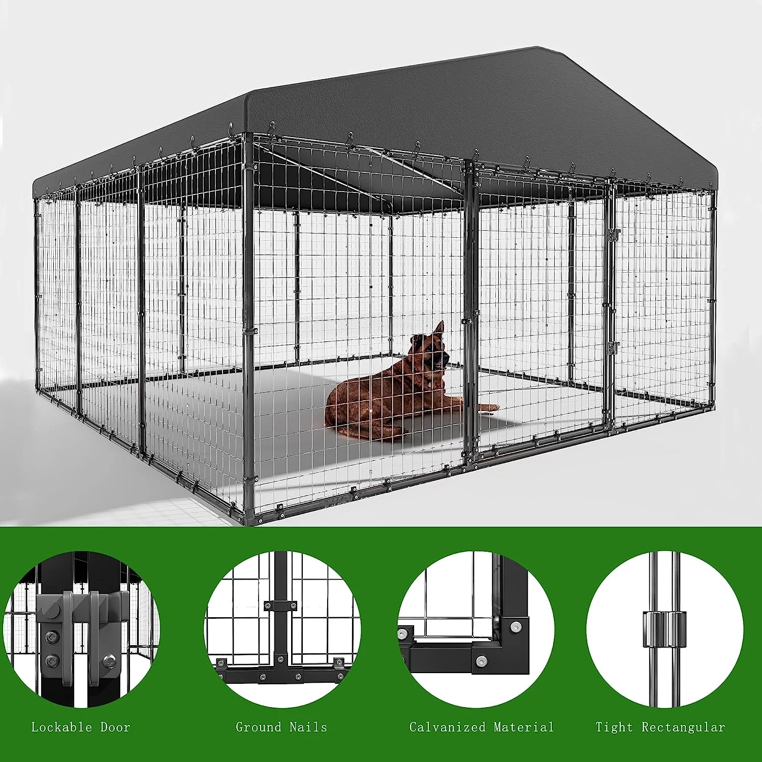 ALAULM Large Heavy Duty Outdoor Dog Kennel, Galvanized Steel Dog Kennel Fence with Roof and Double Safety Locks