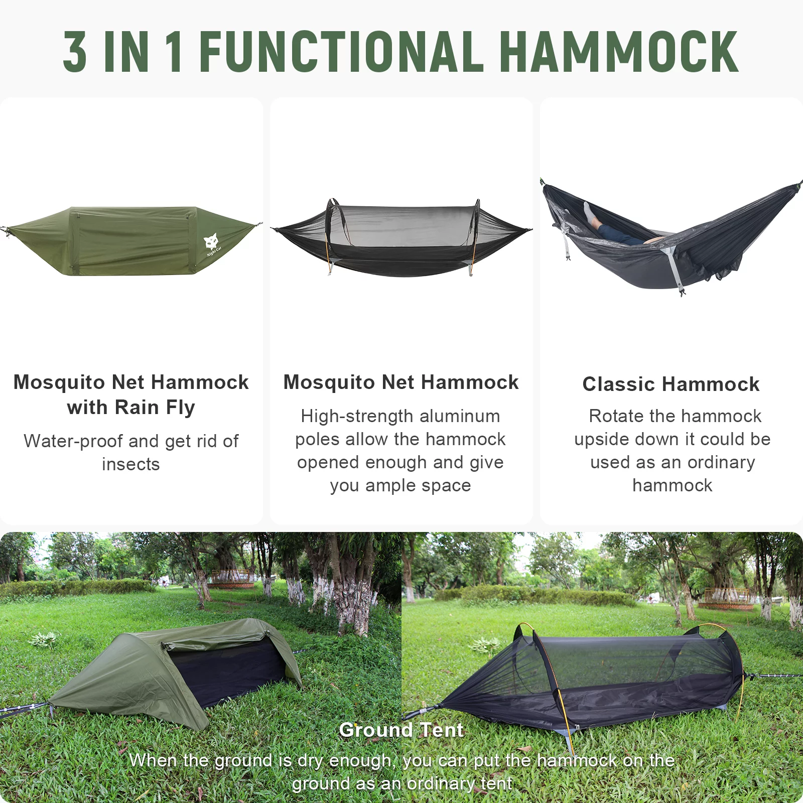 Night Cat Camping Hammock Tent with Mosquito Net and Rain Fly for 1 2 Persons Backpacking Bed with Tree Strap Lightweight Waterproof 440lbs 9×4.5ft Army Green