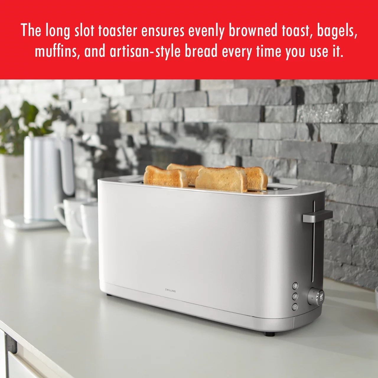 ZWILLING Enfinigy Cool Touch, 4-Slice Long Slot Toaster, Extra Wide 1.5″ Slot for Bagels and Toast, Silver