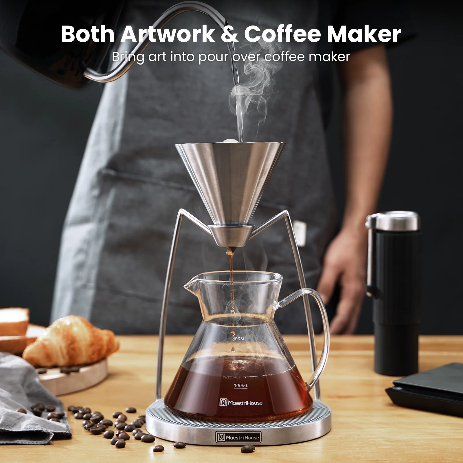 Pour Over Coffee Maker, Magnetic Coffee Dripper and 600ML Carafe Coffee Server, Drip Coffee Maker with Metal Base, Dishwasher Safe for Home or Office