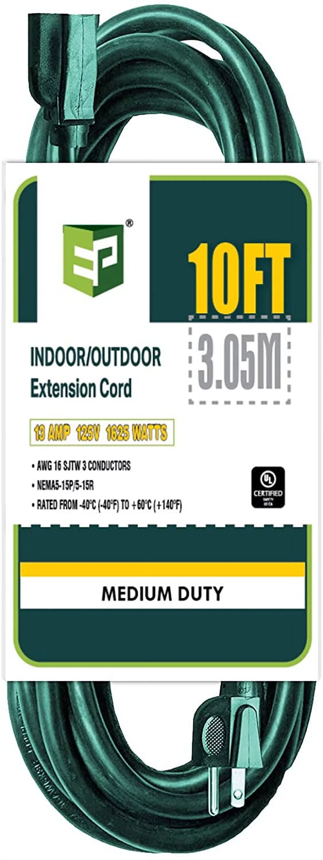 EP 15 Ft Green 16/3 SJTW Extension Cord – Outdoor/Indoor Durable Electrical Cable