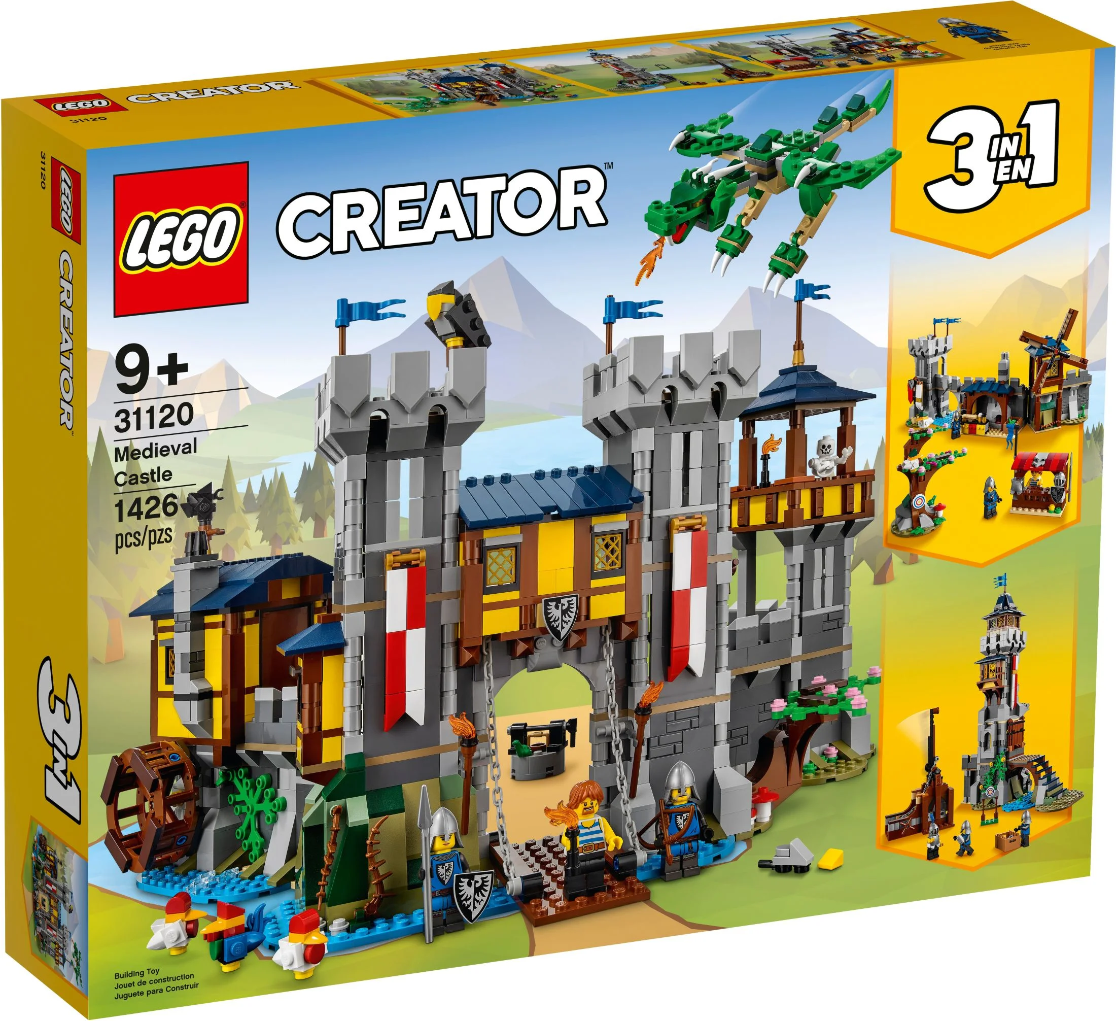 LEGO Creator 3 in 1 Medieval Castle Toy, Transforms from Castle to Tower to Marketplace, Includes Skeleton and Dragon Figure, with 3 Minifigures and Catapult, 31120