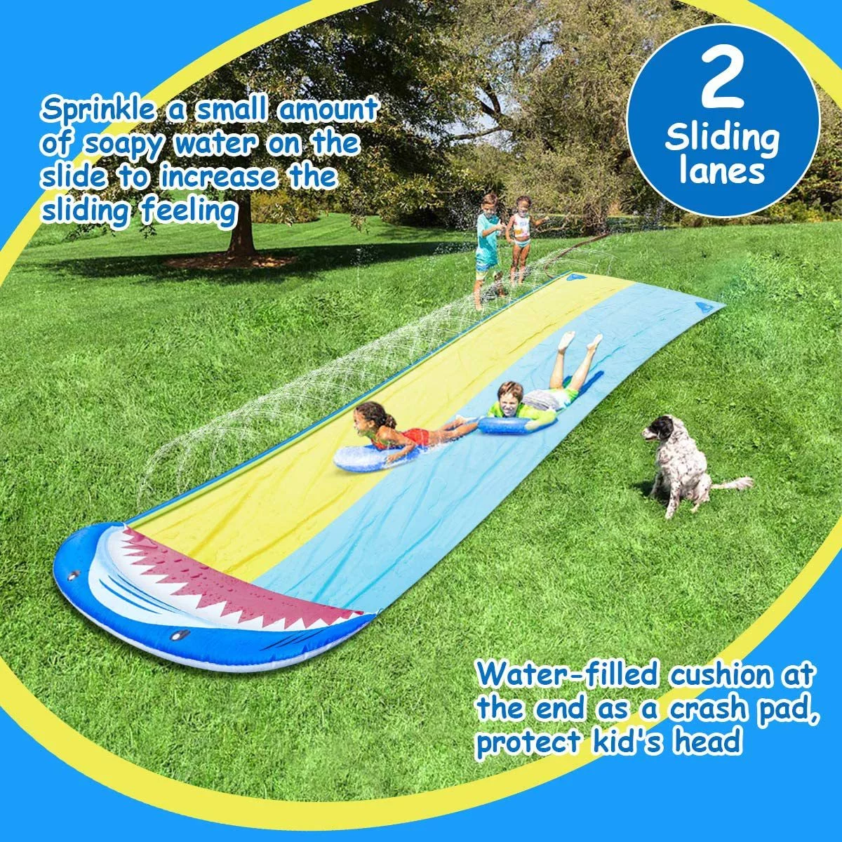 XGeek Lawn Water Slides for Kids, Water Slide with Surfboard Double Shark Water Slide with Repair Paper, Summer Outdoor Fun Toy Games for Garden Lawn and Children