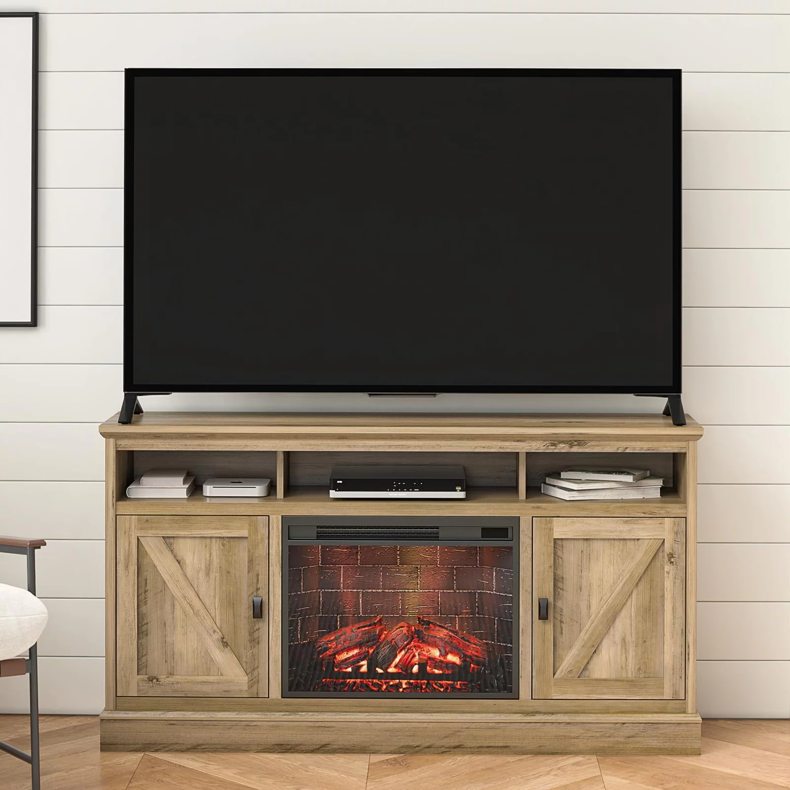 Ameriwood Home Ashton Lane Electric Fireplace TV Stand for TVs up to 65″, Black Oak