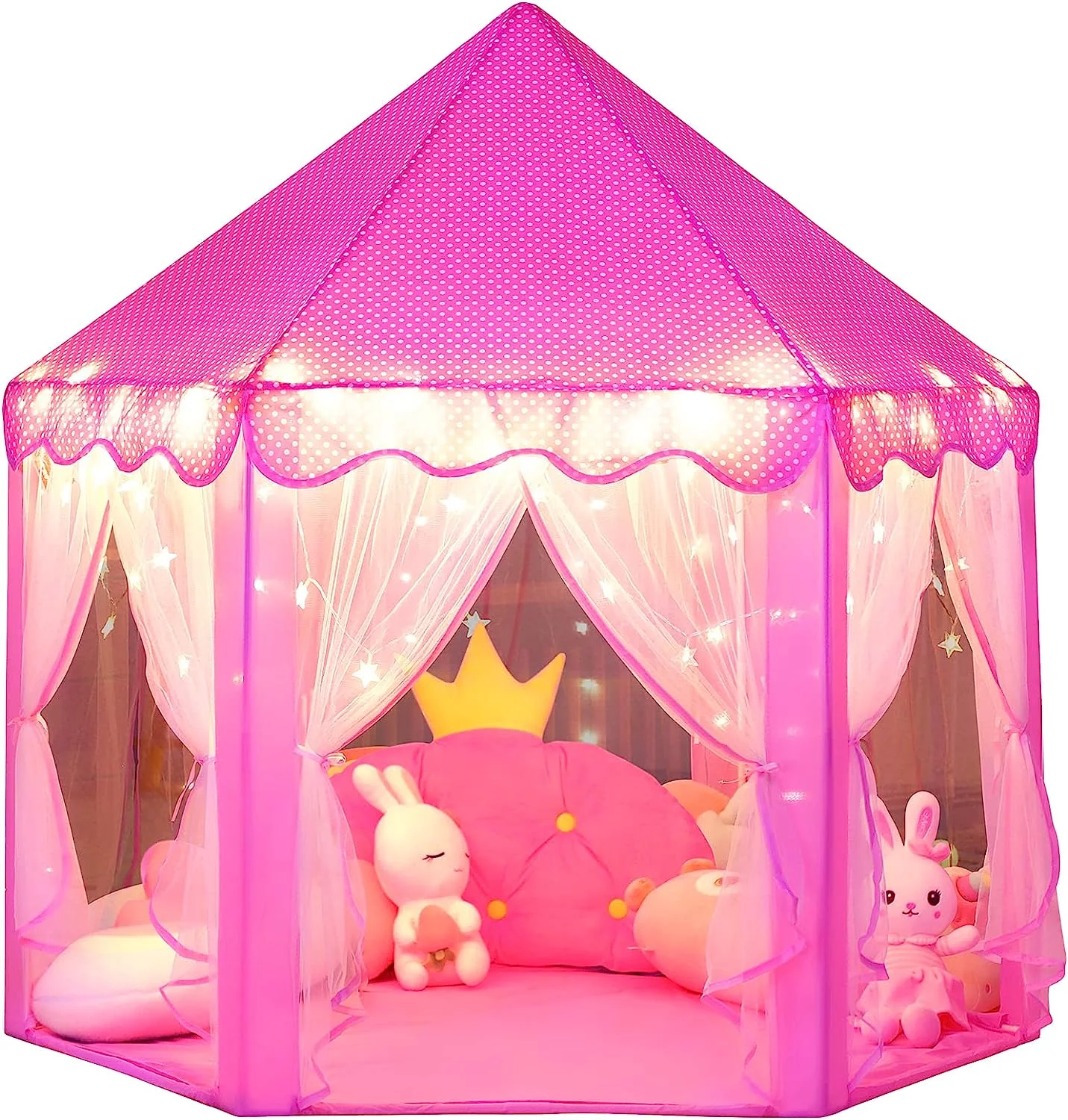 Scheam Princess Castle Play Tent for Girls Large Kids Play Tents Hexagon Playhouse with 19.7FT Star Lights Toys for Children Indoor Games (Pink)