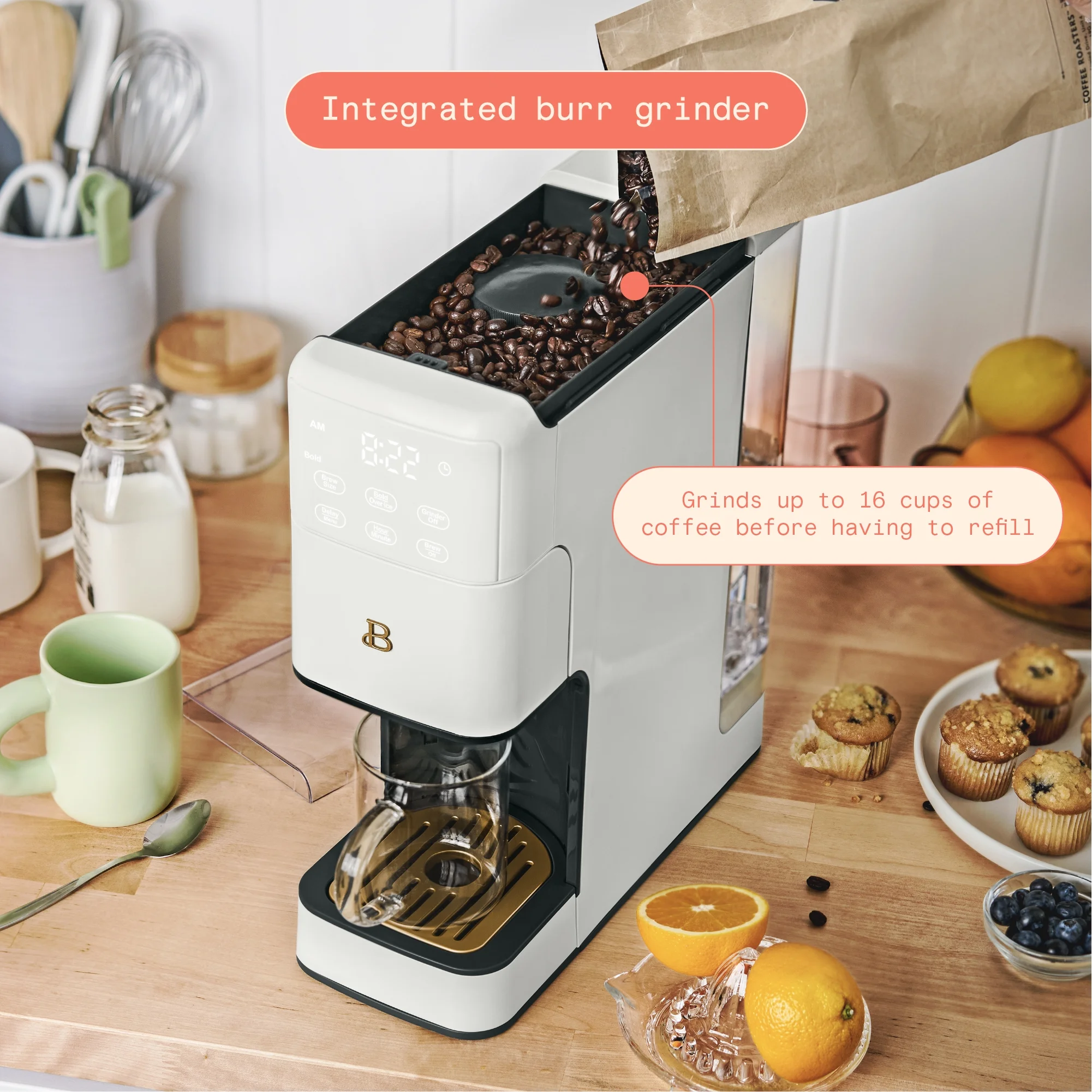 Beautiful Perfect Grind Programmable Single Serve Coffee Maker, White Icing by Drew Barrymore