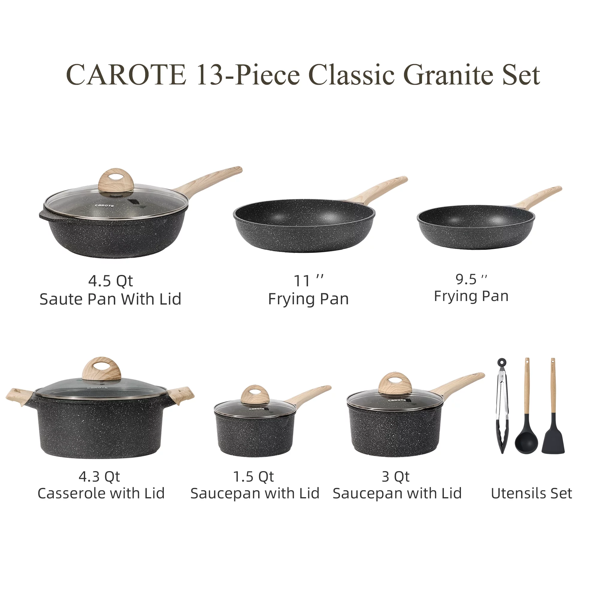 Carote Nonstick Pots and Pans Set, 13 Pcs Induction Kitchen Cookware Sets (Black Granite)