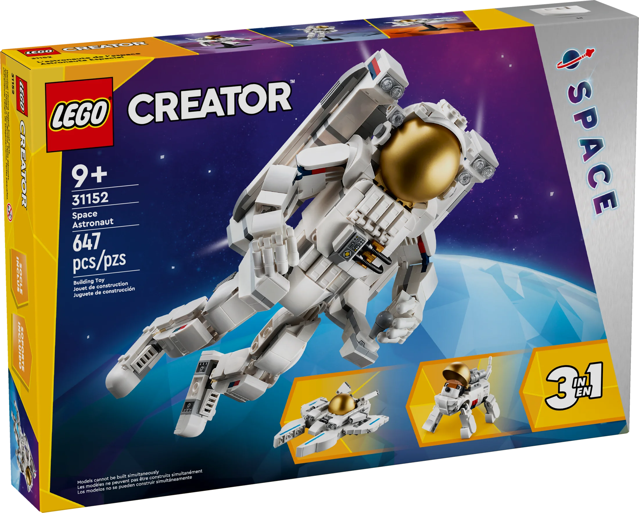 LEGO Creator 3 in 1 Space Astronaut Toy, Building Set Transforms from Astronaut Figure to Space Dog to Viper Jet, Space-Themed Gift Idea for Boys and Girls Ages 9 Years Old and Up, 31152