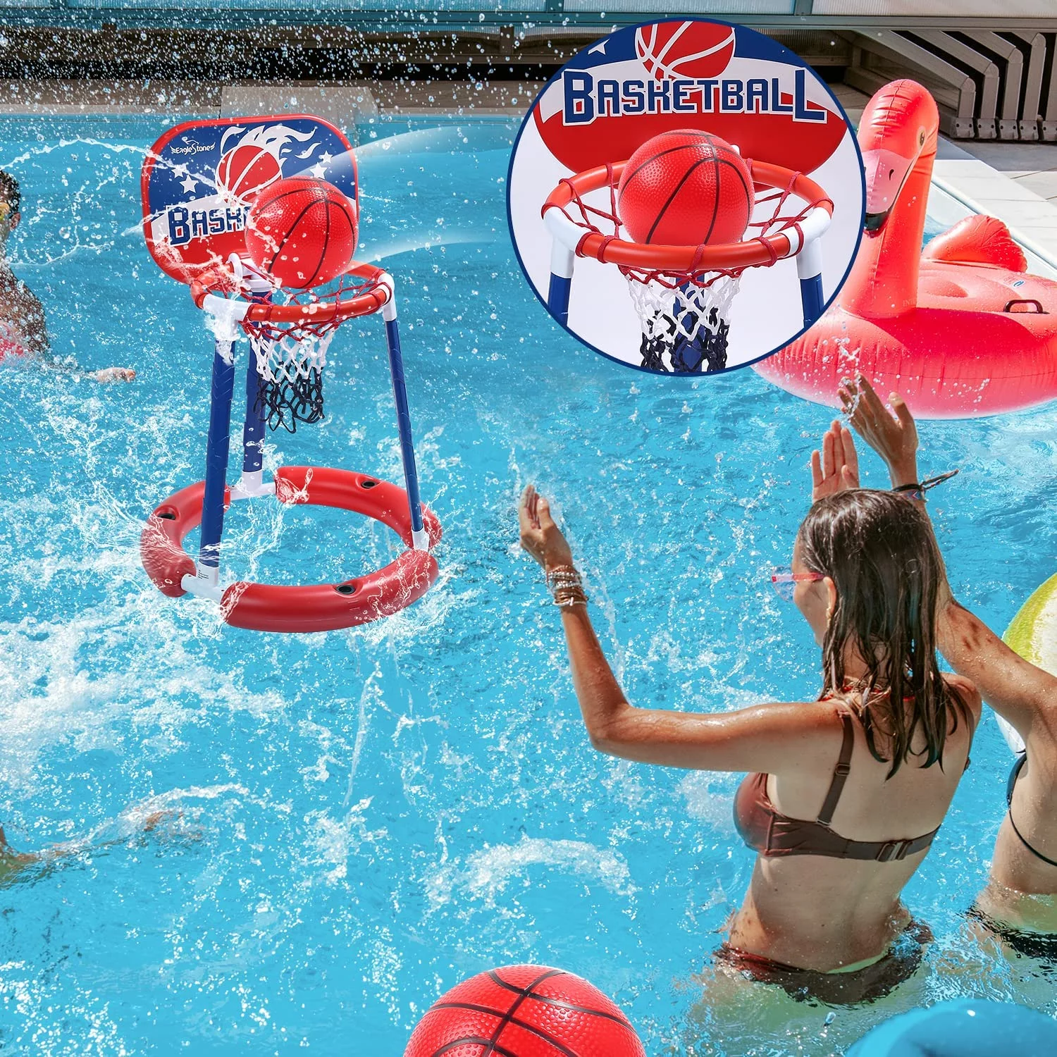 JoyStone Pool Basketball Toys with Backboard, Floating Swimming Pool Basketball Hoop for Pool Game Poolside Water Basketball Hoop, 2 Balls and Pump