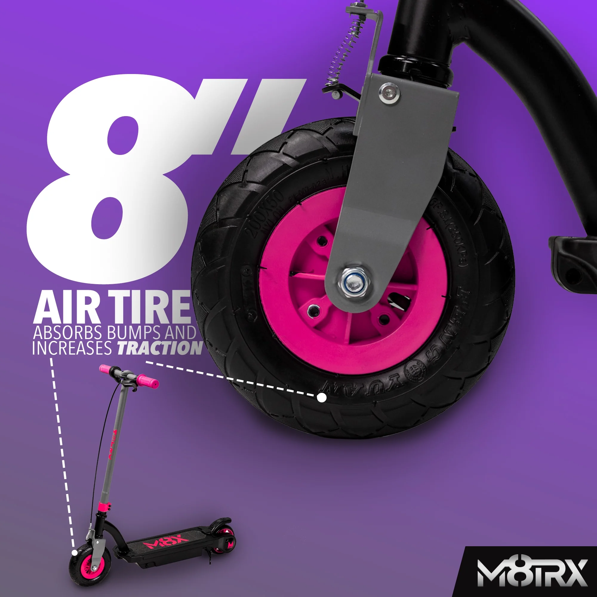 M8TRX 24 Volt Kids Electric Scooter, 8″ Air Filled Tire, Speeds up to 10mph, Kids Ages 6-12 Years of Age, Pink