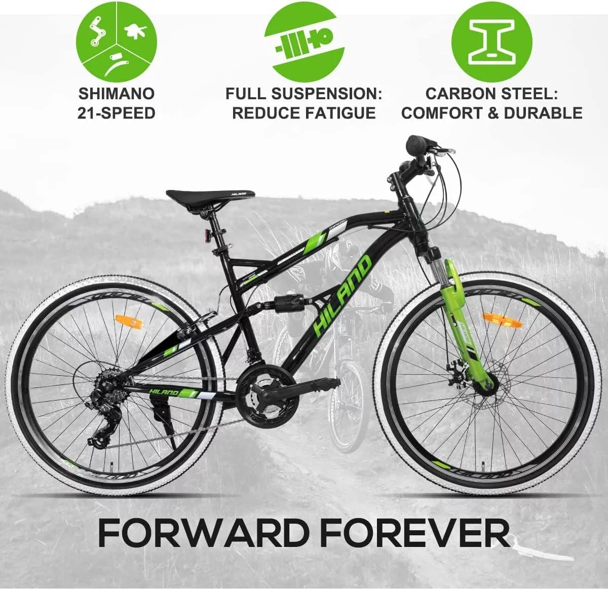 Hiland 26 Inch Mountain Bike,Full-Suspension 21 Speeds Drivetrain with Disc-Brake MTB Bicycle,for Men Mens Women Bike