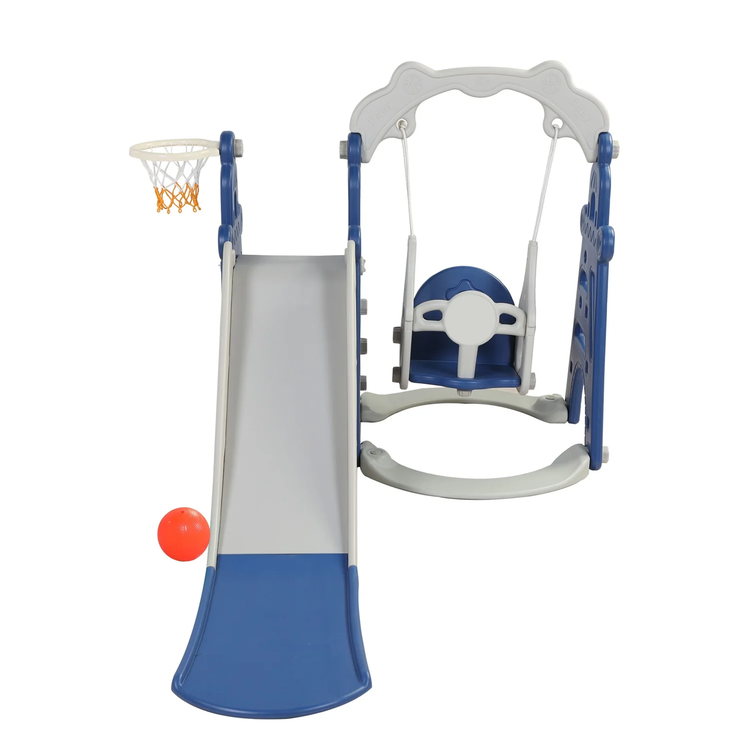 CIPACHO 3 in 1 Kids Slide and Swing Set with Basketball Hoops for Toddlers 1-5 Years, Indoor Outdoor Playground, Blue