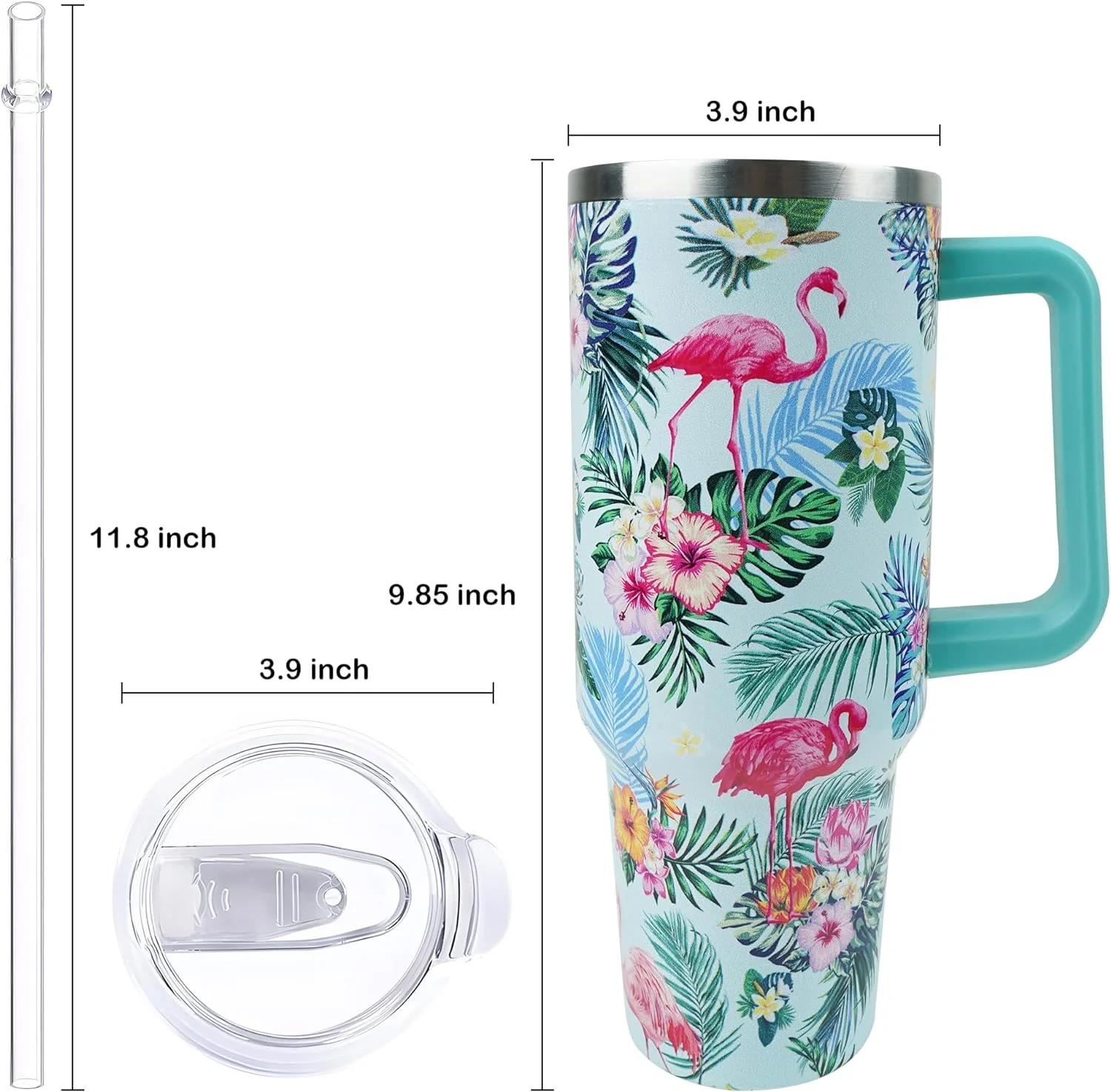 40 oz Tumbler with Handle and Straw, Stainless Steel Insulated Cup with Leak Proof Lid and Straw Lid, Keep Drinks Cold and Hot for Hours(Flamingo)