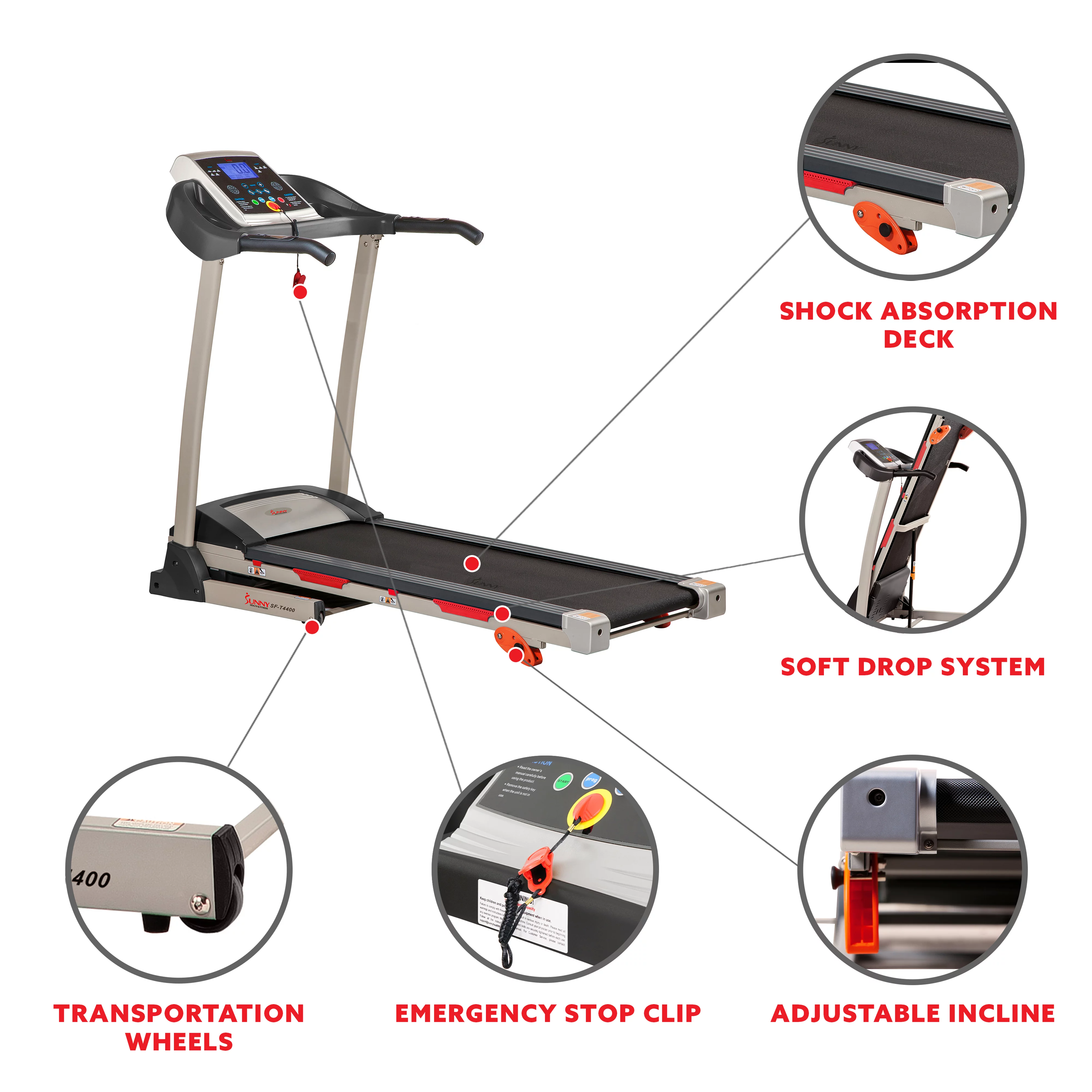 Sunny Health & Fitness Treadmill with Manual Incline, Pulse Sensors, Folding, LCD Monitor for Exercise SF-T4400