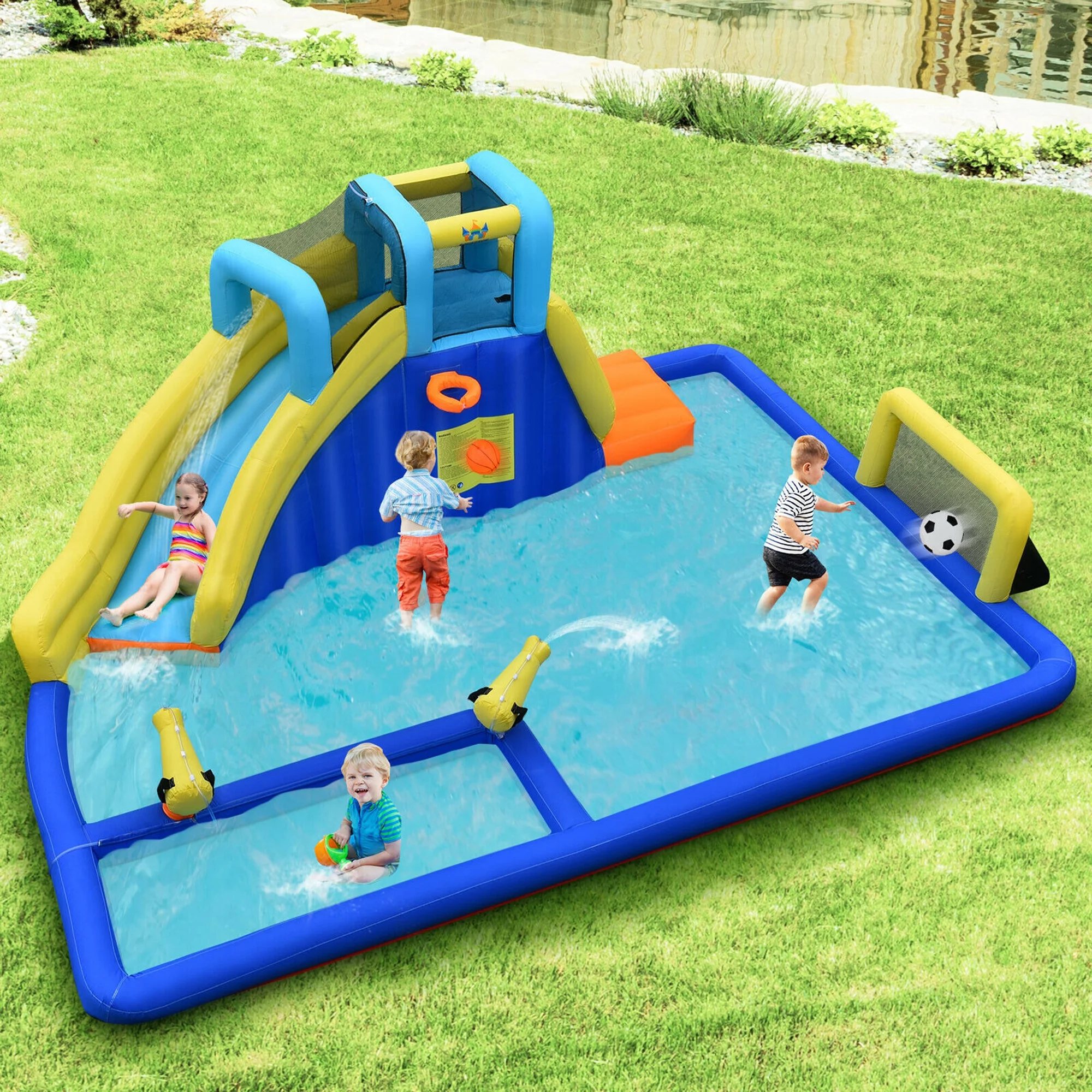 Gymax Inflatable Water Slide Climbing Bounce House Splash Pool with 735W Blower