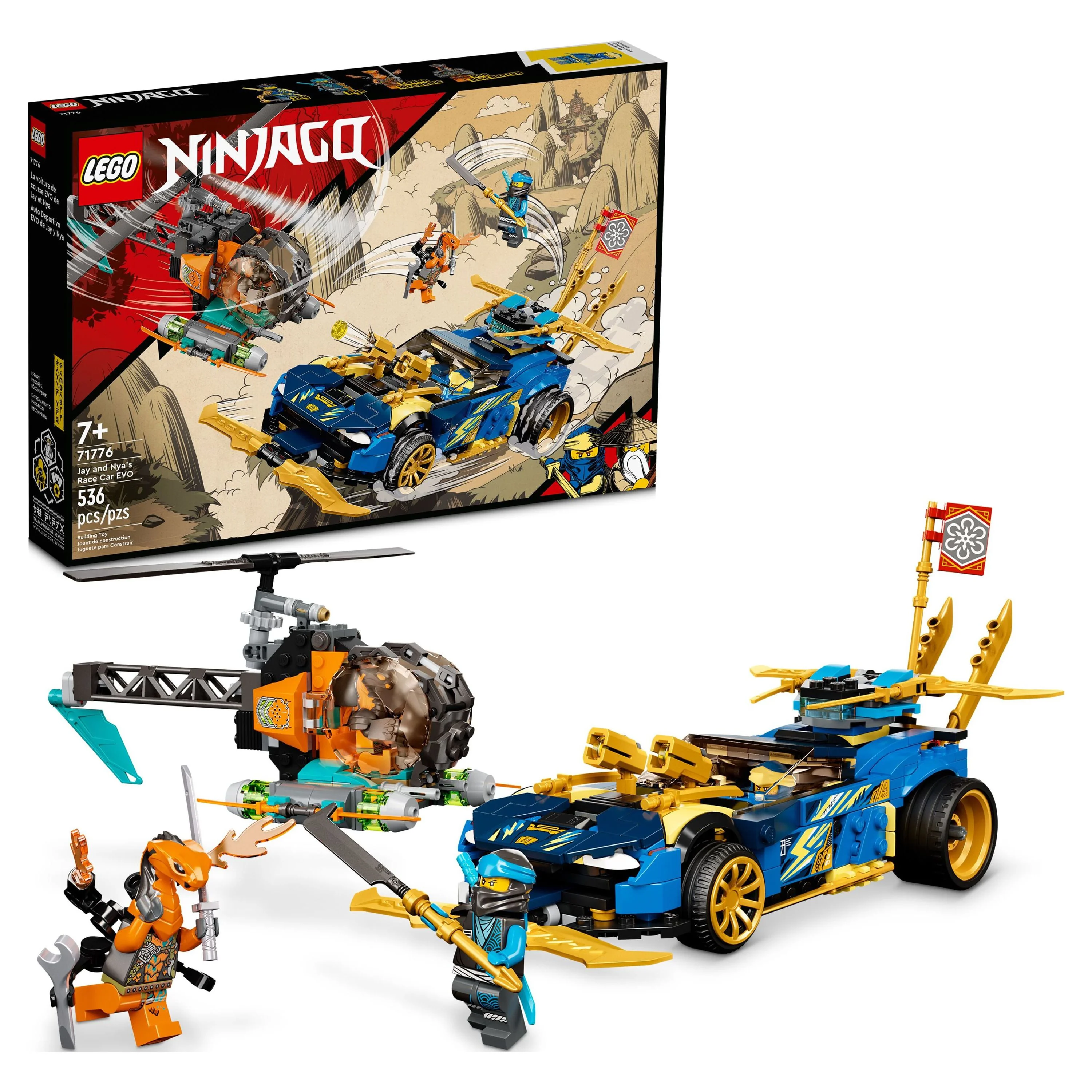 LEGO NINJAGO Jay and Nya’s Race Car EVO Set 71776 with Toy Helicopter and Boa Snake Figure for Kids Ages 7+, Collectible Mission Banner Sets