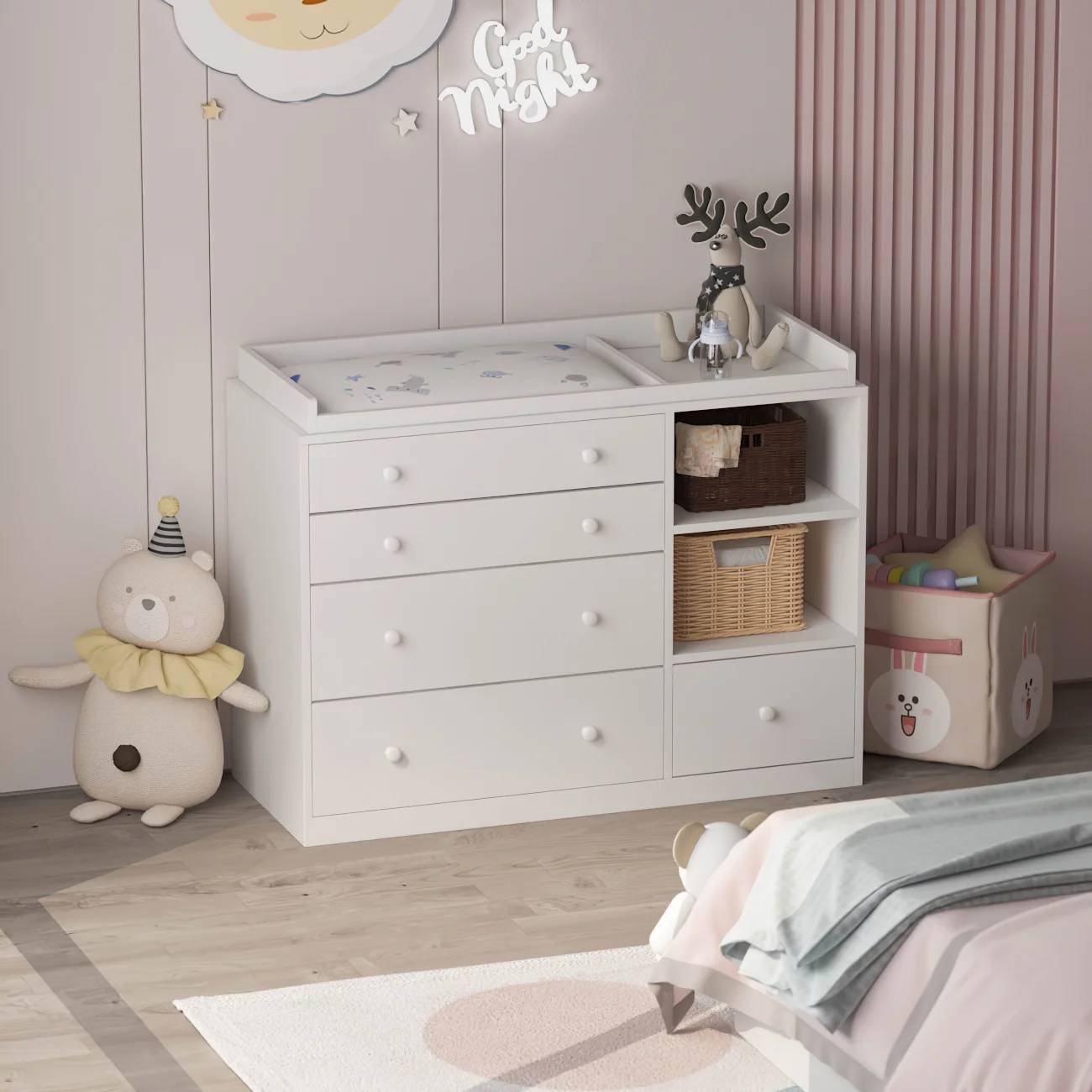 Hitow Baby Changing Table Dresser Nursery Chest with Storage, 5 Drawers and 2 Shelves, White