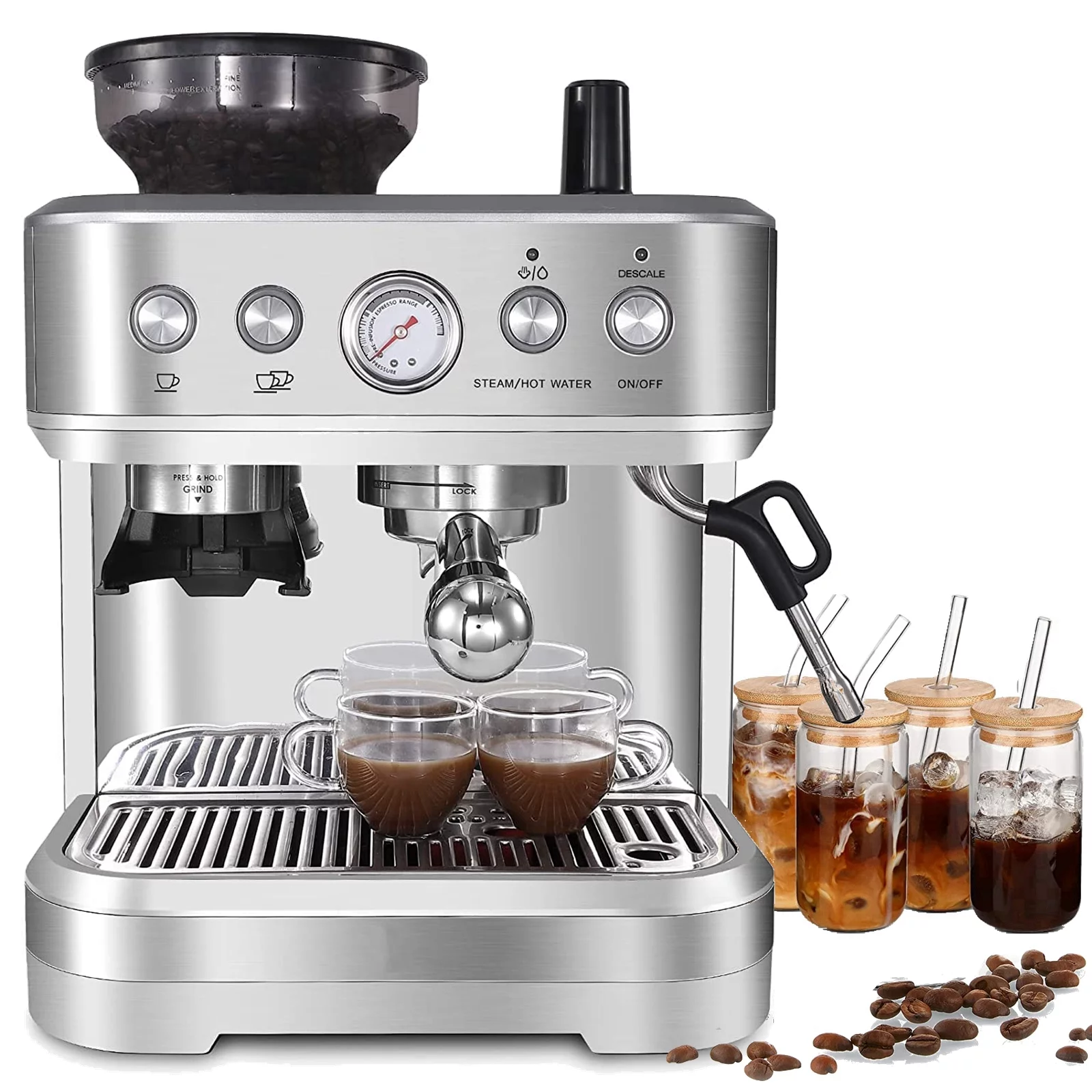 Emorefun 15 Bar Espresso Machine with Grinder & Milk Steamer, Automatic Cappuccino Latte Coffee Maker, 2.5L Water Tank