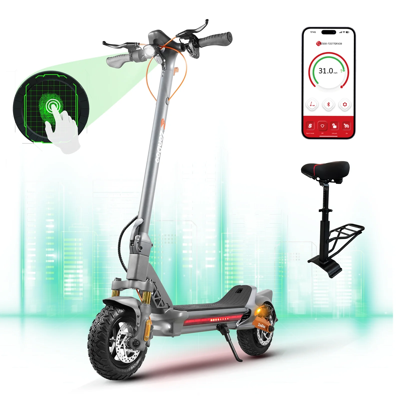 ZonDoo ZU10 Electric Scooters Adult, 800w Motor up to 30MPH 40Miles Long Range , 10” Fat Tire Foldable E Scooter with Seat for Adult