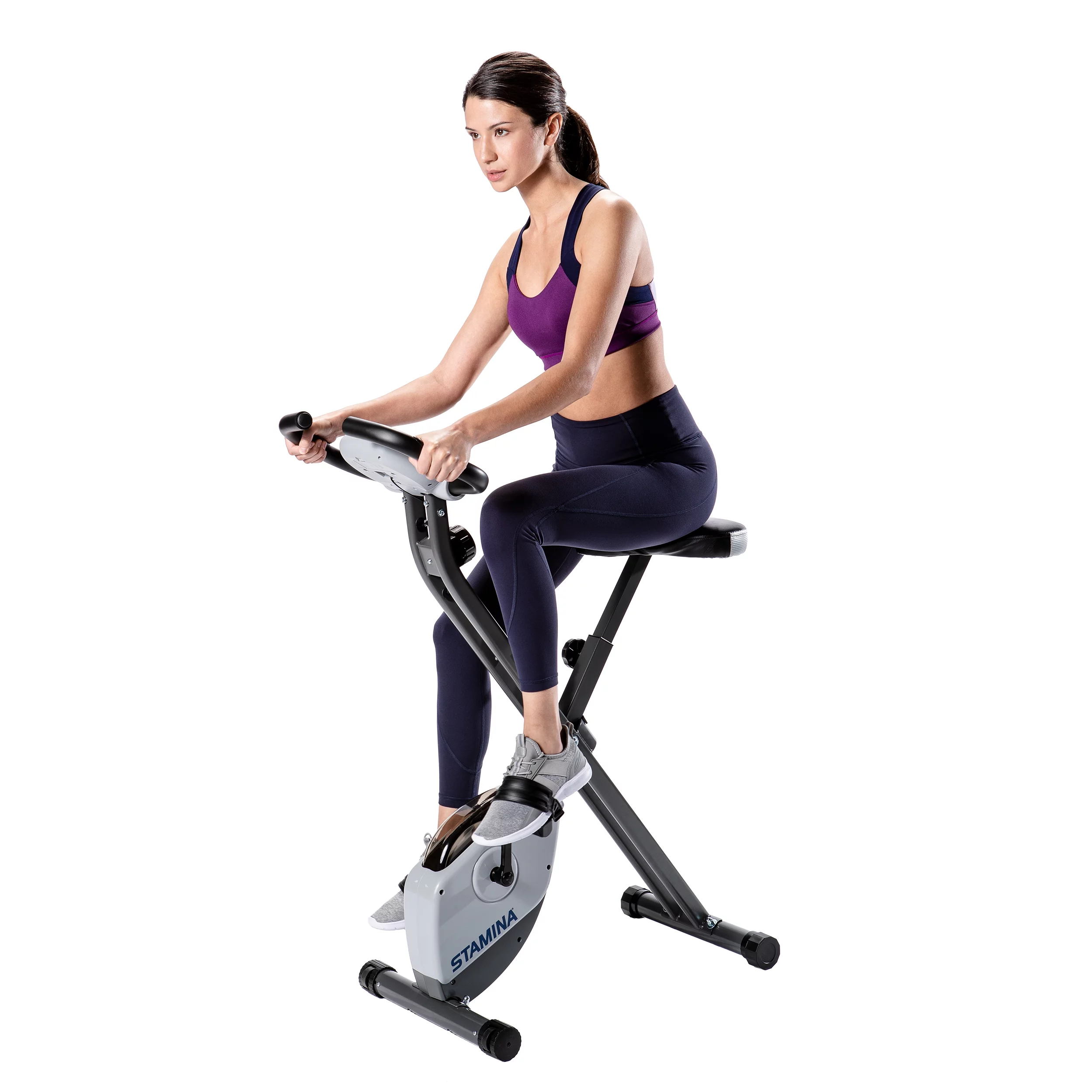 Stamina Folding Cardio Upright Exercise Bike with Heart Rate Sensors and Extra Wide Padded Seat