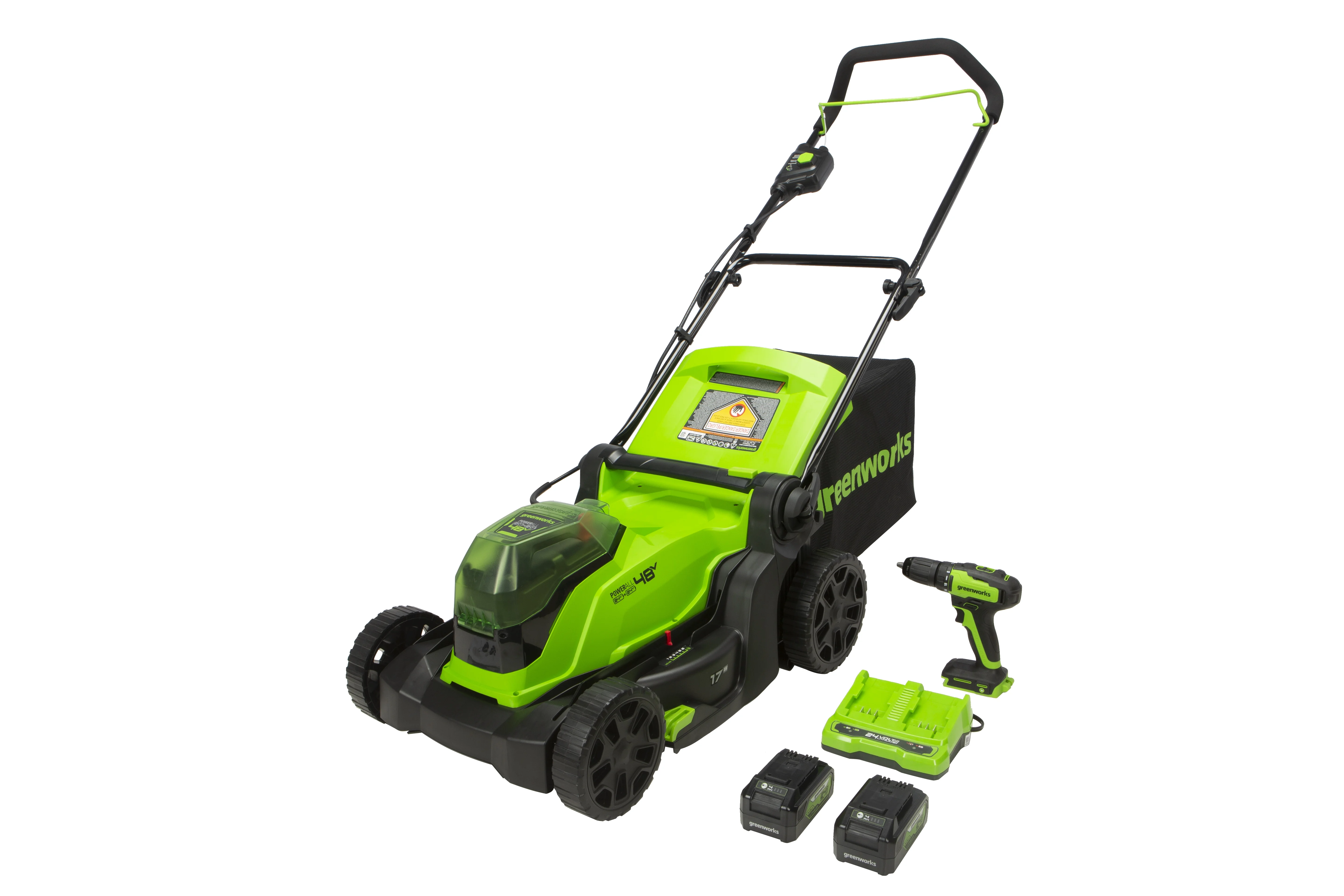 Greenworks 48V 17″ Brushless Cordless Lawn Mower + 24V Brushless Drill / Driver, (2) 4.0Ah USB Batteries (USB Hub) and Dual Port Rapid Charger Included (2 x 24V)