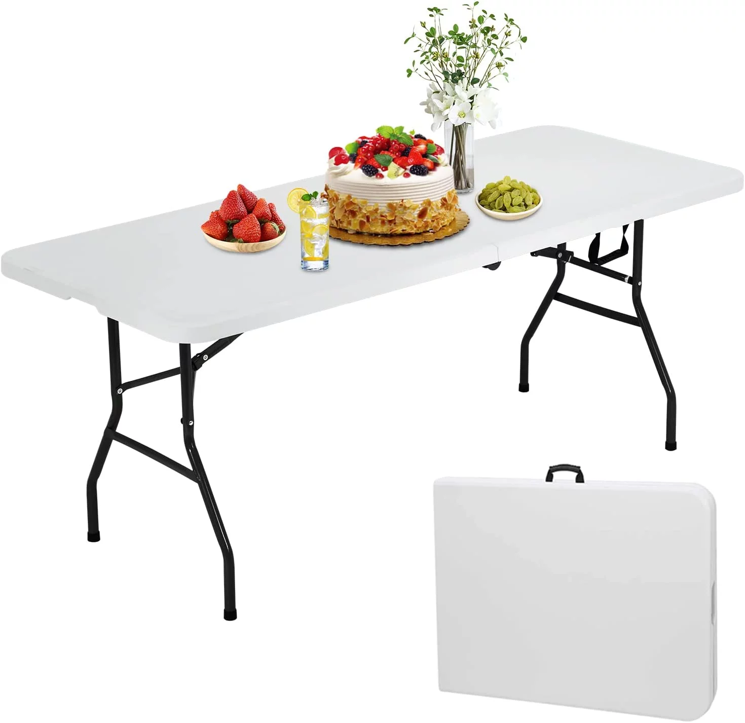 NiamVelo 6ft Folding Table Portable Plastic Indoor Outdoor Camping Dining Table with Carrying Handle