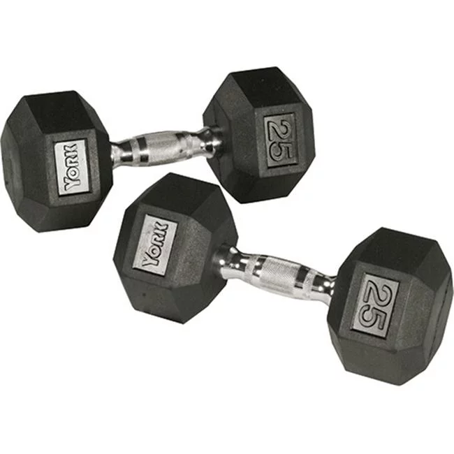 York Barbell Rubber Hex Dumbbell with Chrome Ergo Handle – 65 lbs