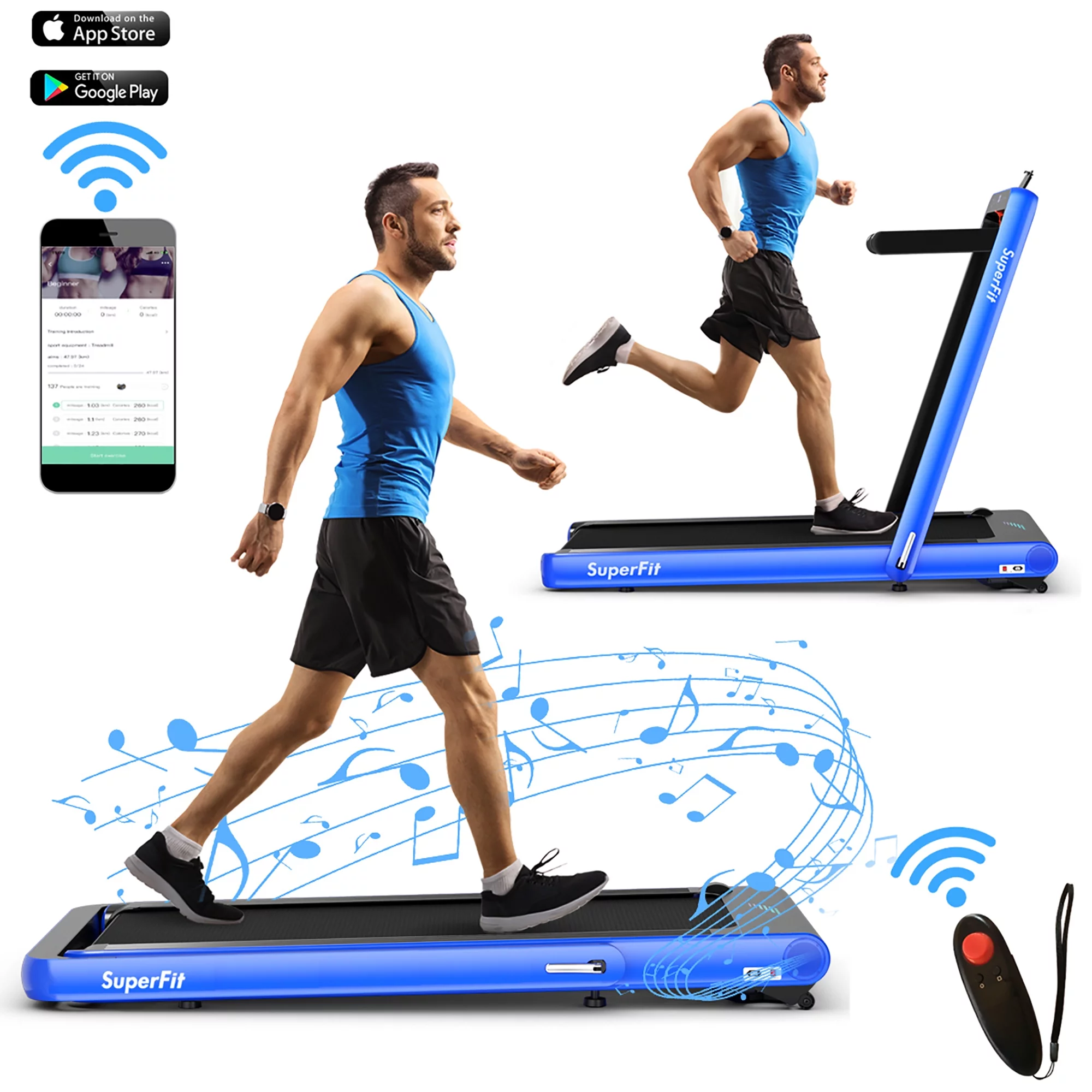 SuperFit 4.75HP 2 In 1 Folding Treadmill W/Remote APP Control White