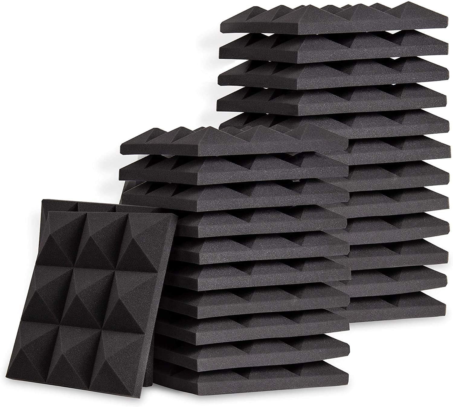 Acoustic Foam Panels – Pyramid Recording Studio Wedge Tiles – 2″ X 12″ X 12″ Isolation Treatment for Walls and Ceiling (12 Pack, Black)