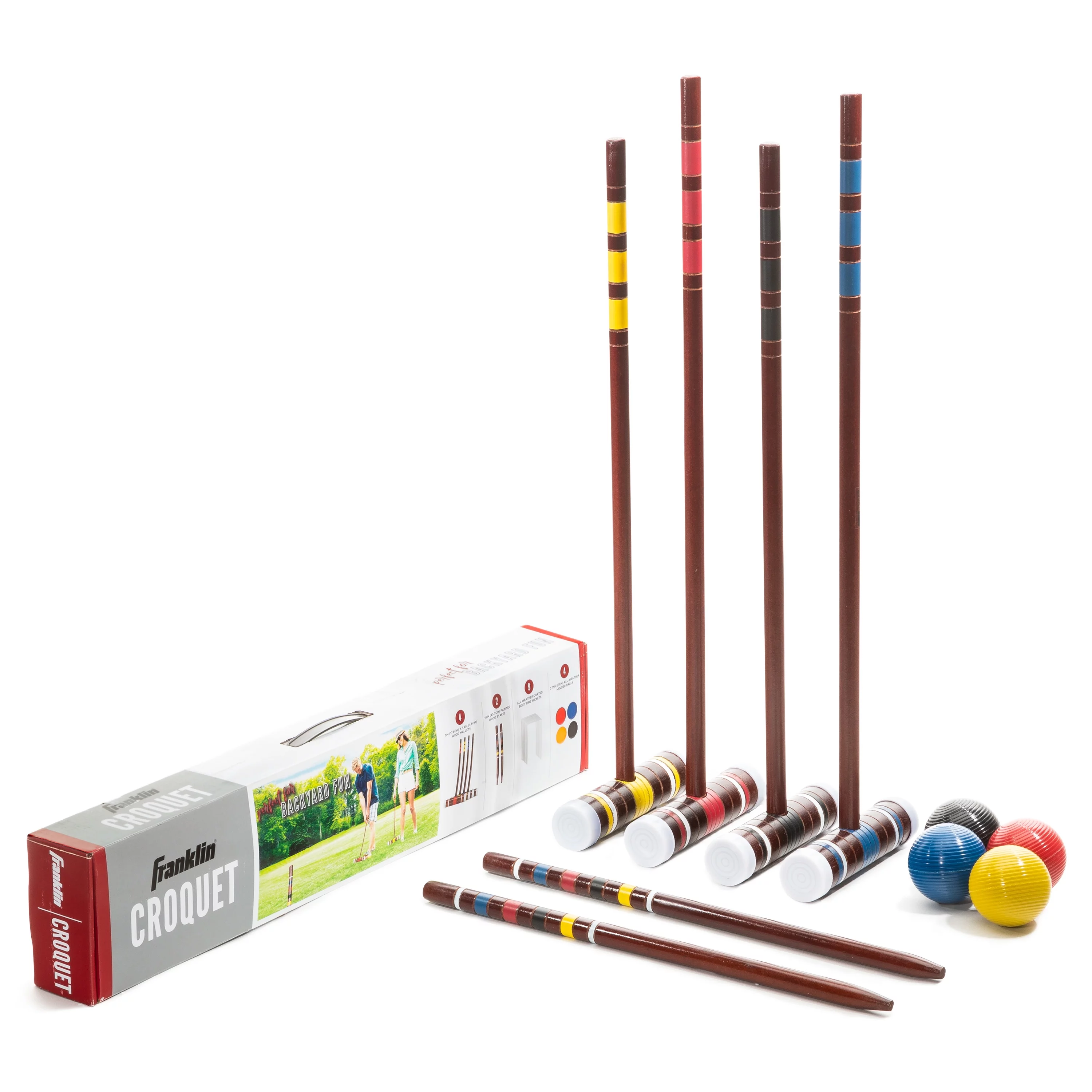 Franklin Sports Croquet Set – Includes 4 Croquet Wood Mallets, 4 All Weather Balls, 2 Wood Stakes and 9 Metal Wickets – Classic Family Outdoor Game – Starter Set