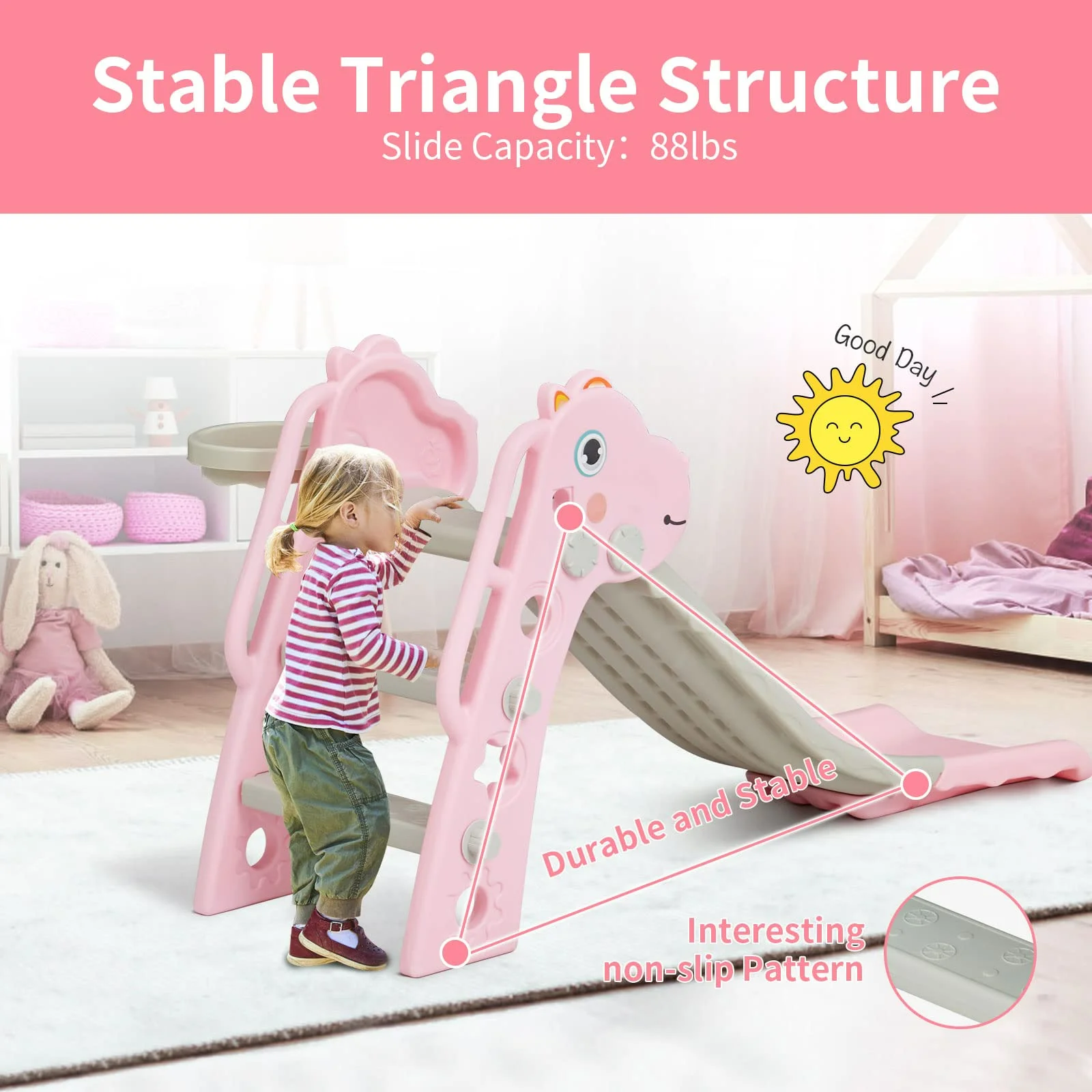 KINSUITE 3 in 1 Toddler Slide Kids Climbe Slide Set with Basketball Hoop Pink