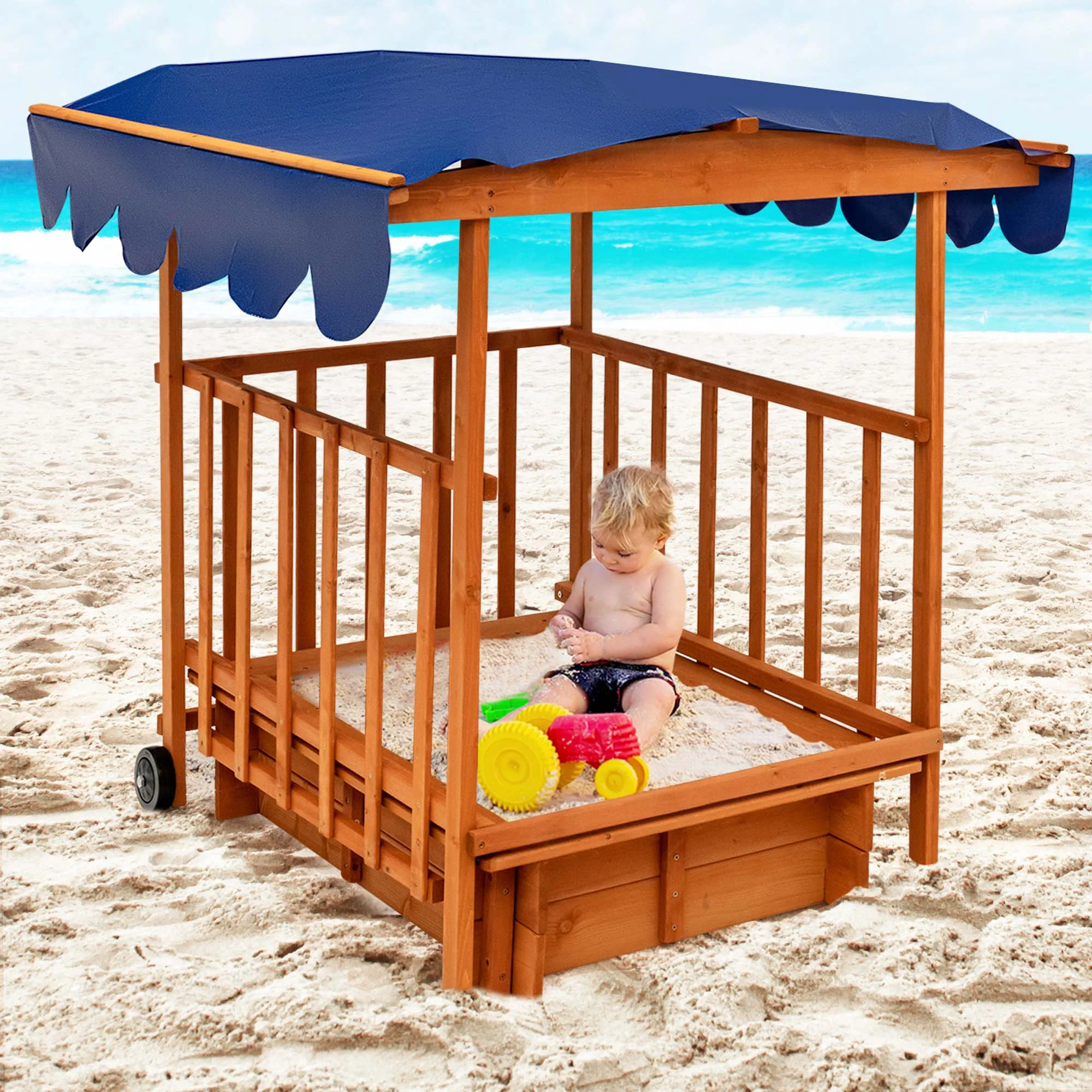 Costway Wooden Retractable Sandbox  with Cover & Built-in Wheels Kids Outdoor Playhouse