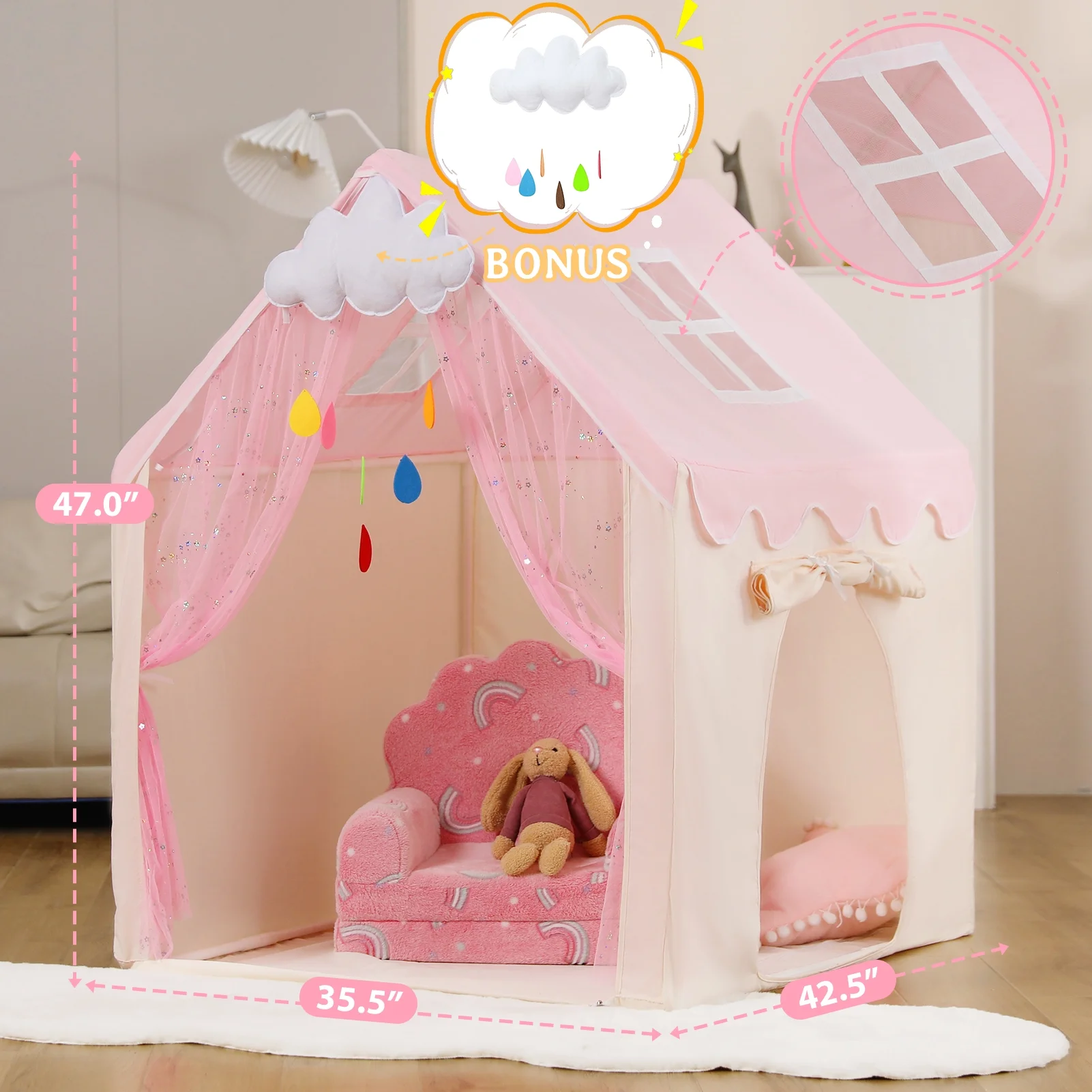 Kids Play Tent with Two Doors and Windows, Middle Sized Playhouse Tent for Baby Girls and Boys, Imaginative Kids Indoor Playhouses Play Tent