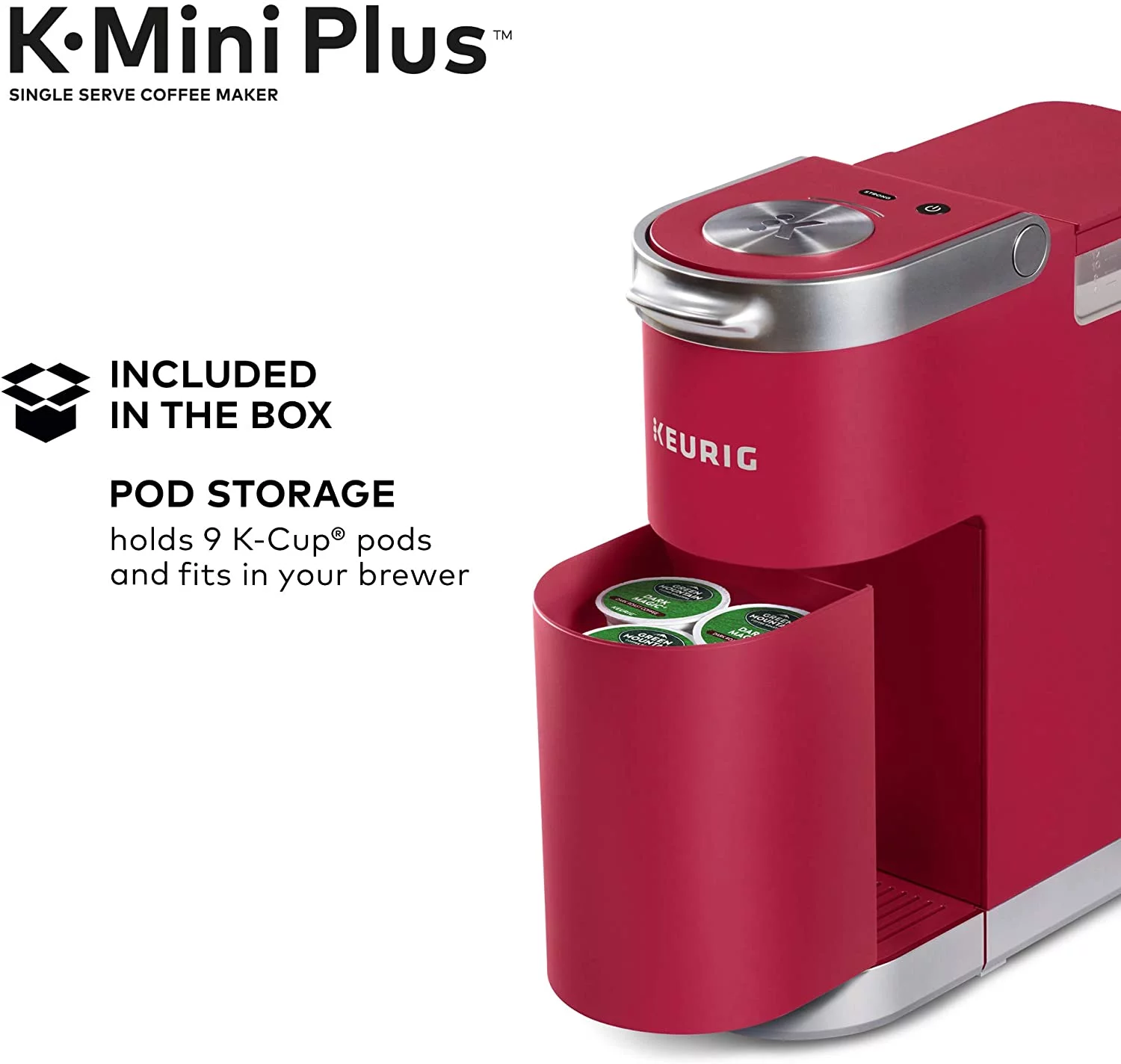 Keurig K-Mini Plus Maker Single Serve K-Cup Pod Coffee Brewer, Comes with 6 to 12 Oz. Brew Size, Storage, and Travel Mug Friendly, Cardinal Red