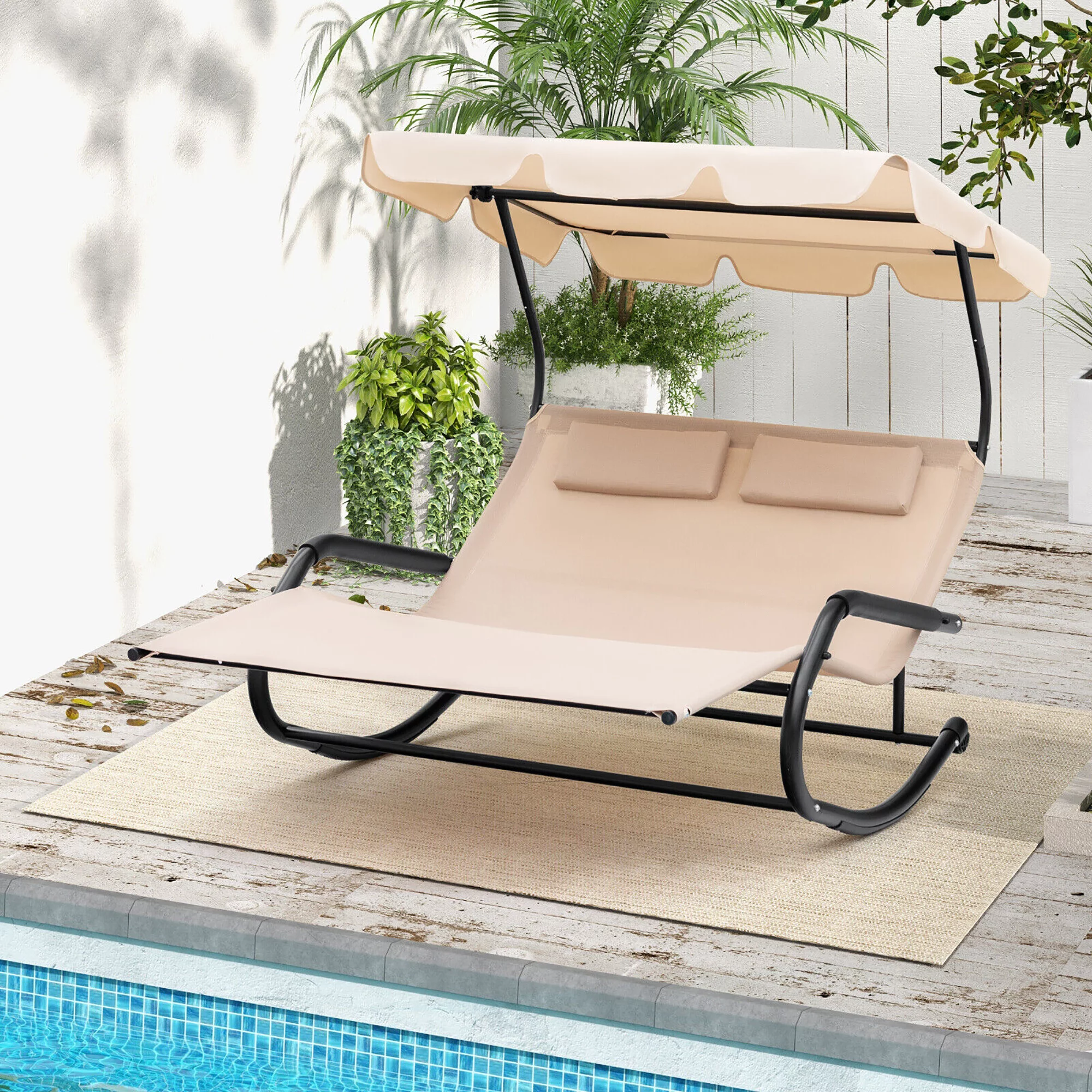 Gymax Outdoor 2-Person Double Rocking Chaise Lounge w/ Canopy & Wheels Metal Frame