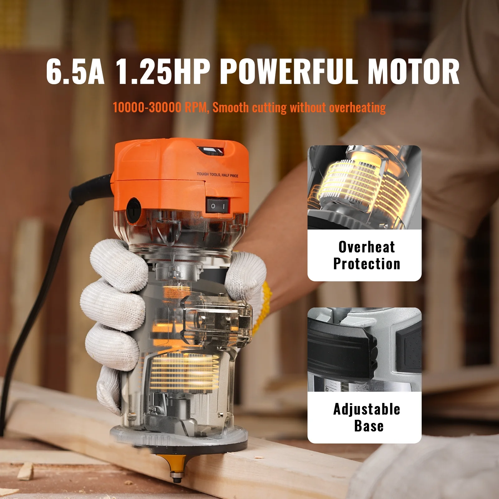 BENTISM 120V 800W 6 Speed 30000RPM Wood Trimmer Router Single base Wood Router Tool for Woodworking, Compact Router with Milling Cutter Sets.