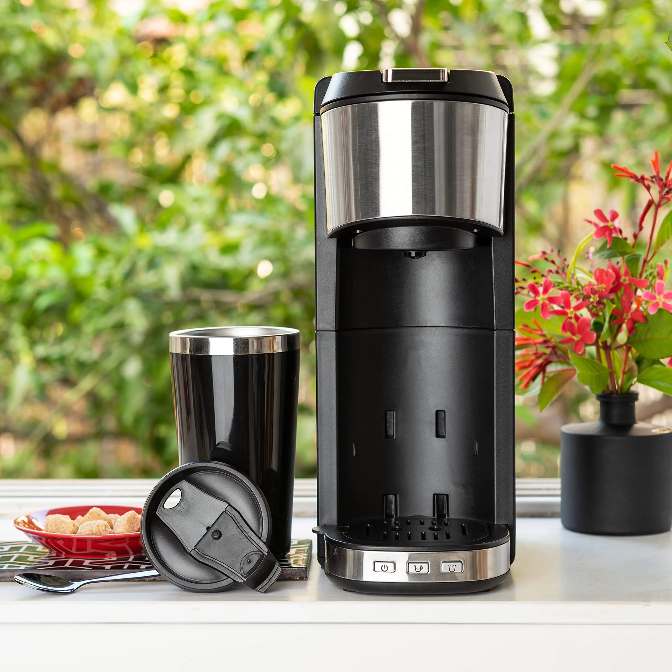 Mixpresso Single Serve Coffee Maker with K Cup Pods, 14oz Travel Mug, Reusable Filter and 30oz Removable Water Tank