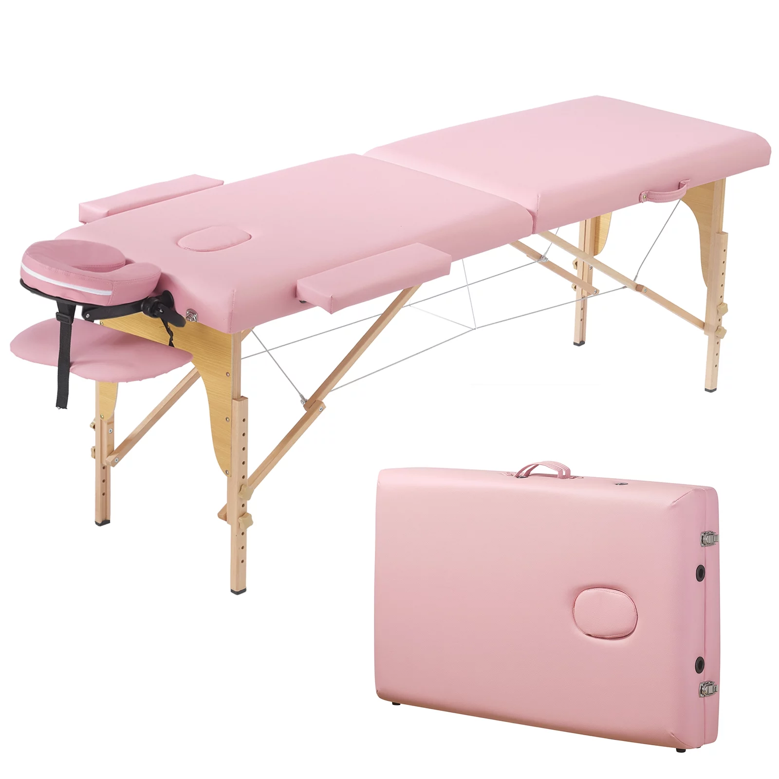 Prilinex Adjustable 2 Section Massage Table Lash Bed Spa Bed with Carrying Bag, Max Capacity 500 lbs, Beach Wood, Pink