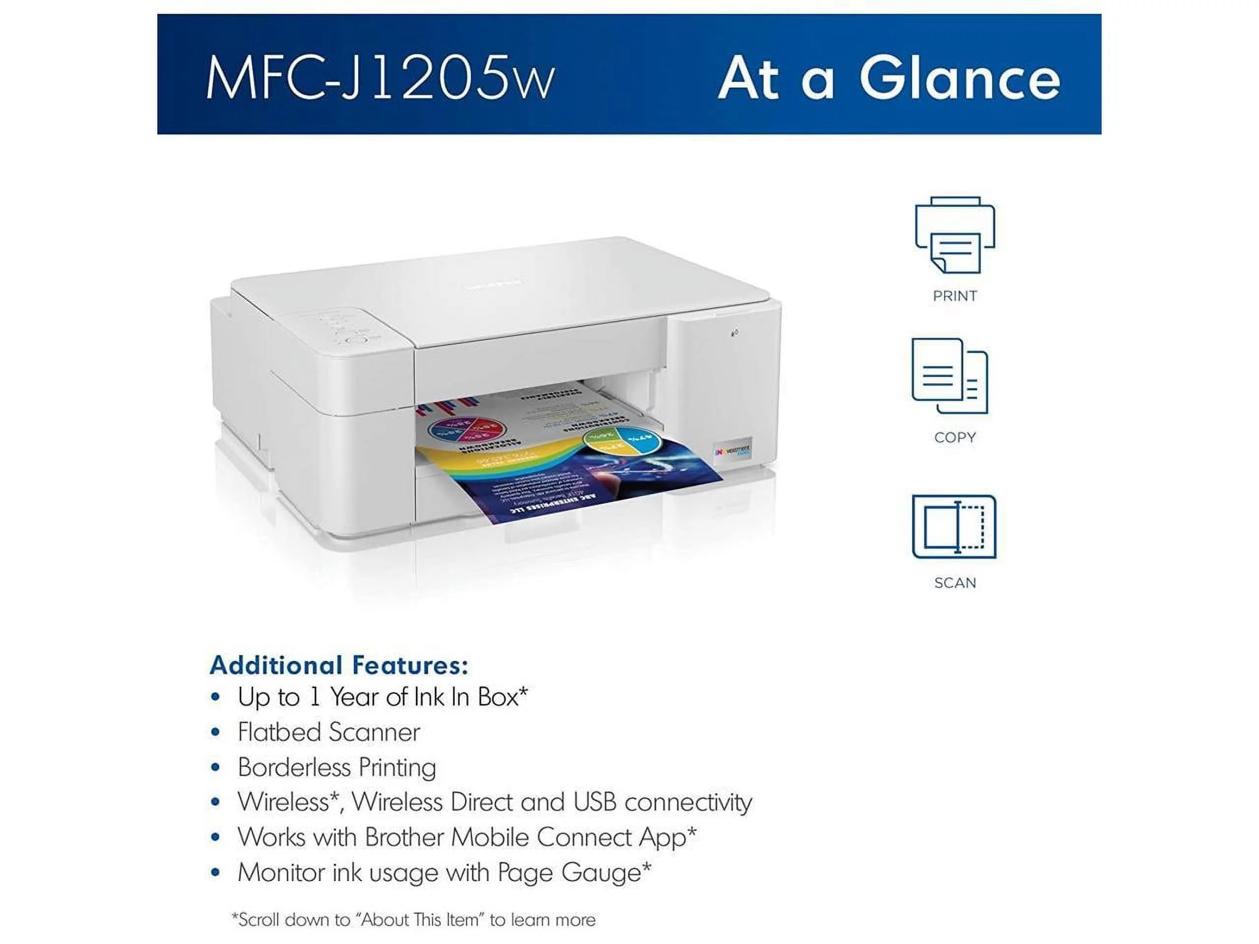 Brother MFC-J1205W INKvestment Tank Wireless Multi-Function Color Inkjet Printer with Up to 1-Year of Ink In-box