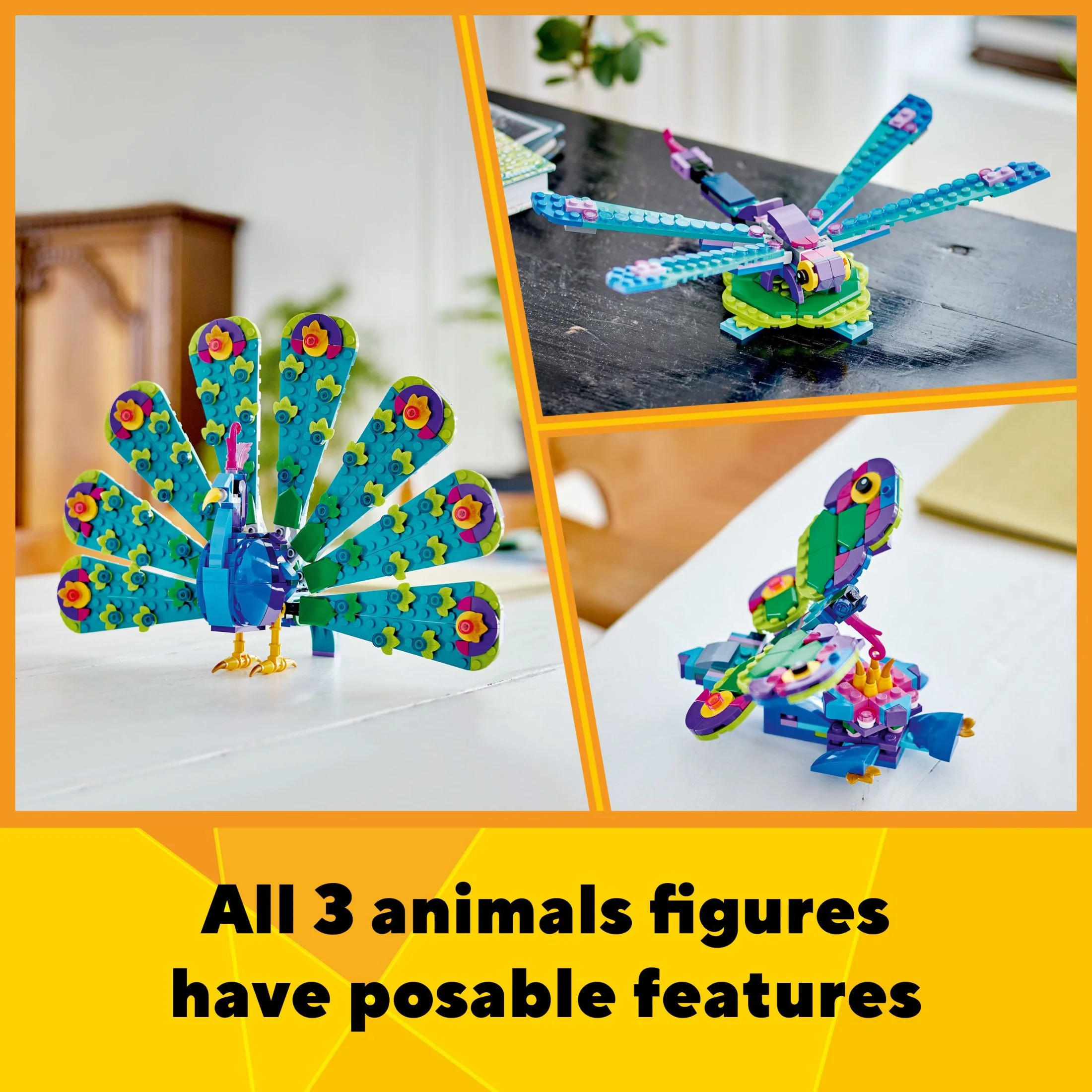 LEGO Creator 3 in 1 Exotic Peacock Toy, Transforms from Peacock to Dragonfly to Butterfly Toy, Play-and-Display Gift Idea for Boys and Girls Ages 7 Years Old and Up, Bird Toy, 31157