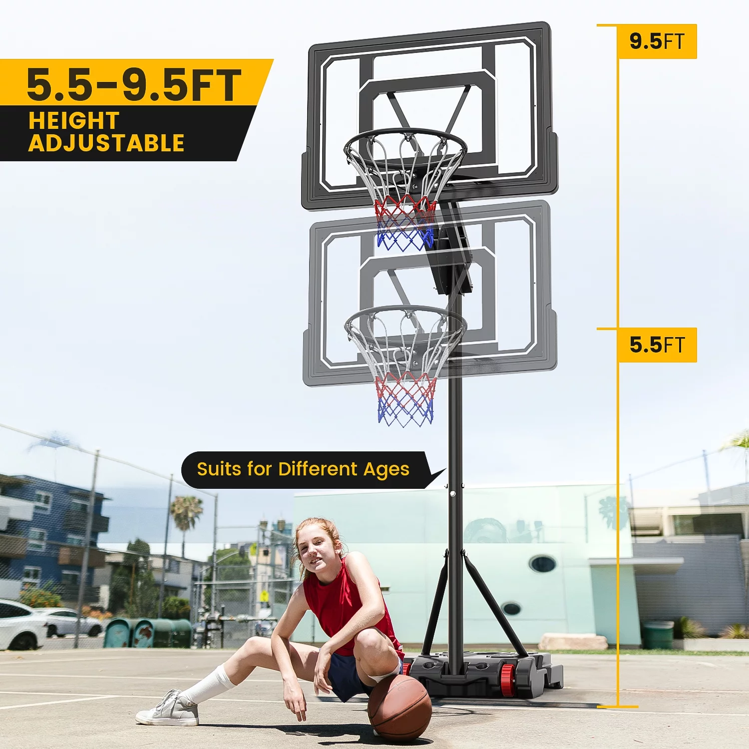 VIRNAZ 33 in. Portable Basketball Hoop & Goal System 5.5 – 9.5 ft. Easy Height Adjustable with Weight Bag for Outdoor Indoor Court