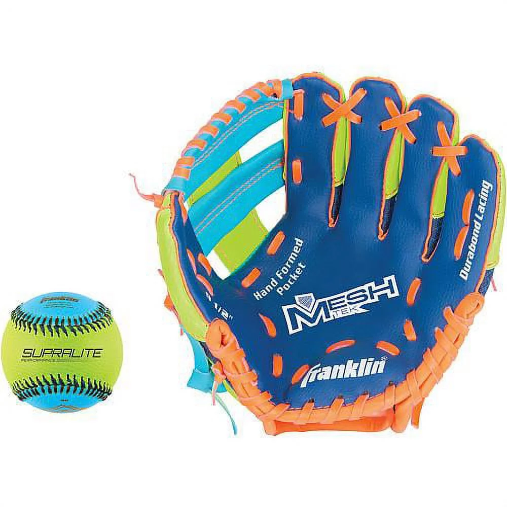 Franklin Sports Kid’s Glove and Ball Set – Meshtek Foam Baseball and T-Ball Mitt – Righty