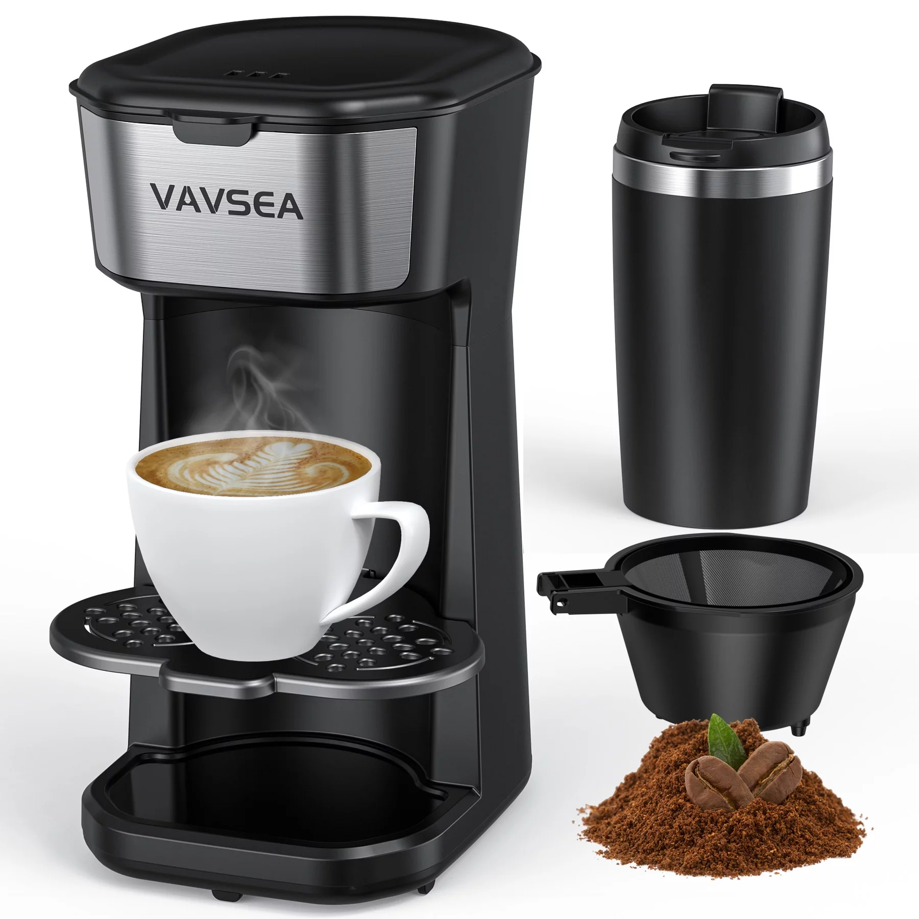 VAVSEA Single-Serve Coffee Maker Brewer with Thermal Travel Mug & Reusable Filter, 600W Coffeemaker for Ground Coffee