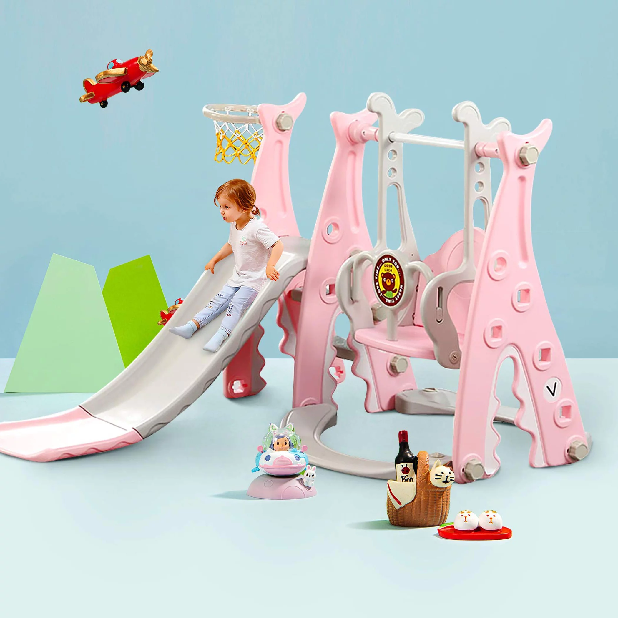 Ealing Slide and Swing Set for Toddler Age 1- 3 Years,4-in-1 Toddles Extra-Large Playset Playground Indoor and Outdoor Swing Slide Climber Playset w/Basketball Hoop,Pink