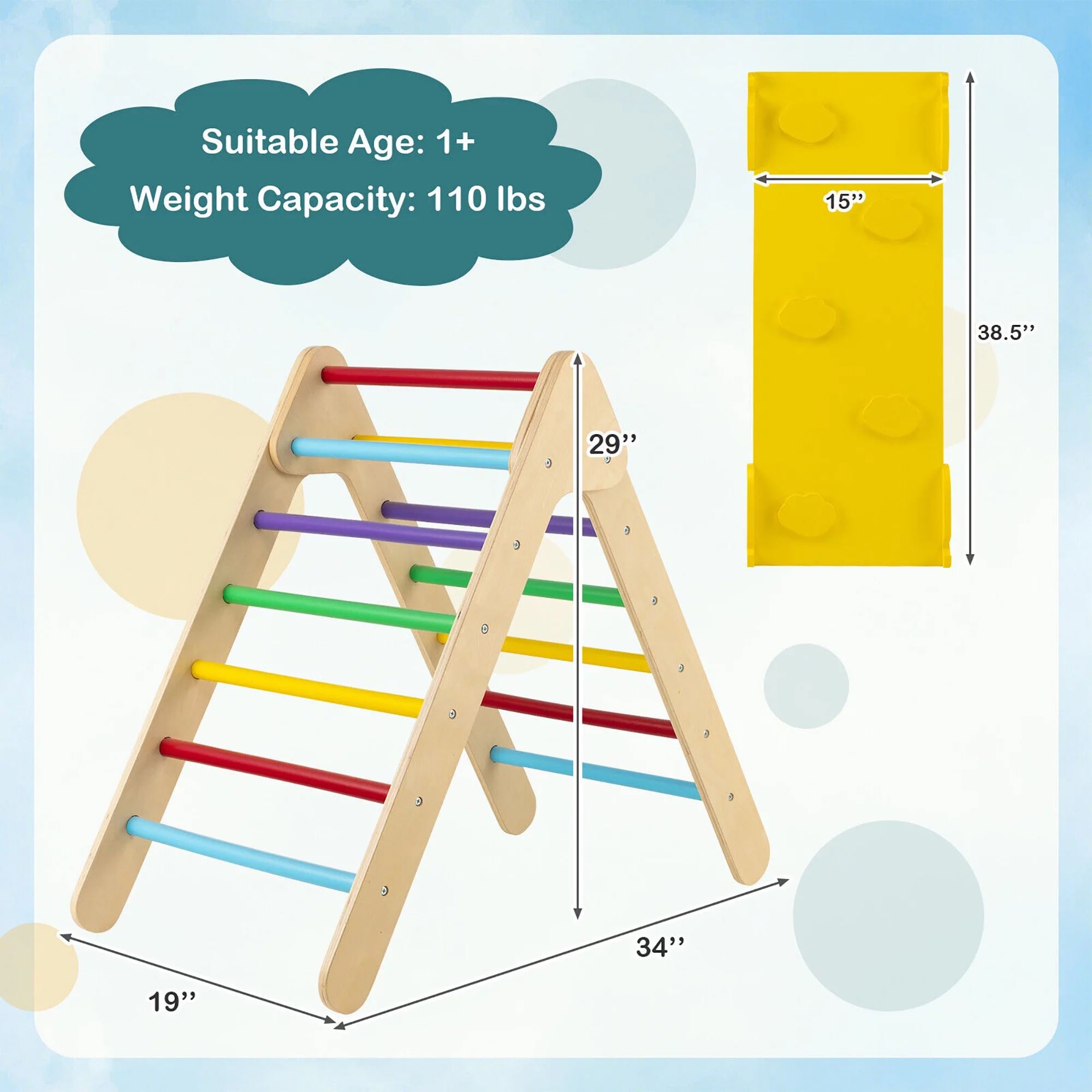 Gymax 3-in-1 Wooden Climbing Triangle Set Triangle Climber w/ Ramp Multi-color