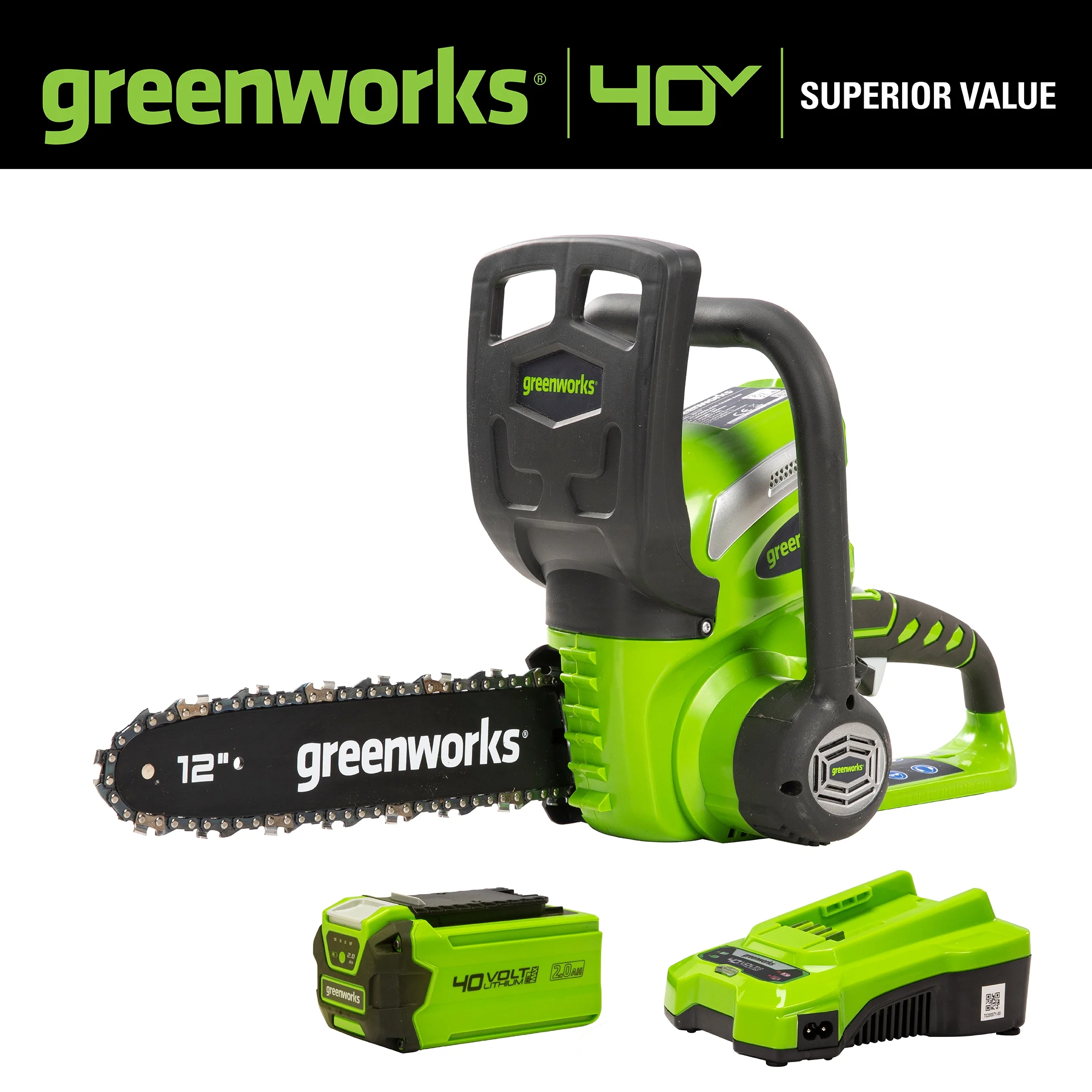 Greenworks 40V 12″ Cordless Chainsaw with 2.0 Ah Battery & Charger, 20262