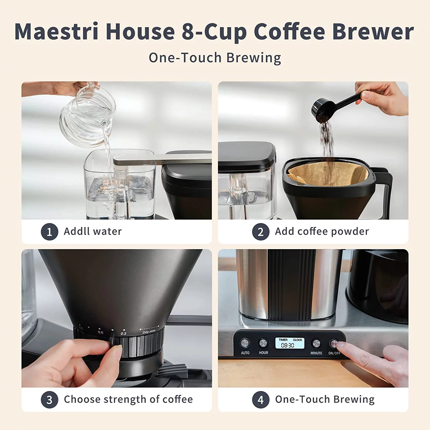 Maestri House Coffee Maker, 8-Cup Drip Coffee Machine, One-Touch Brewing Coffee Machine with Warming Plate, Automatic Drip Coffee Pot, 1.2L Water Tank