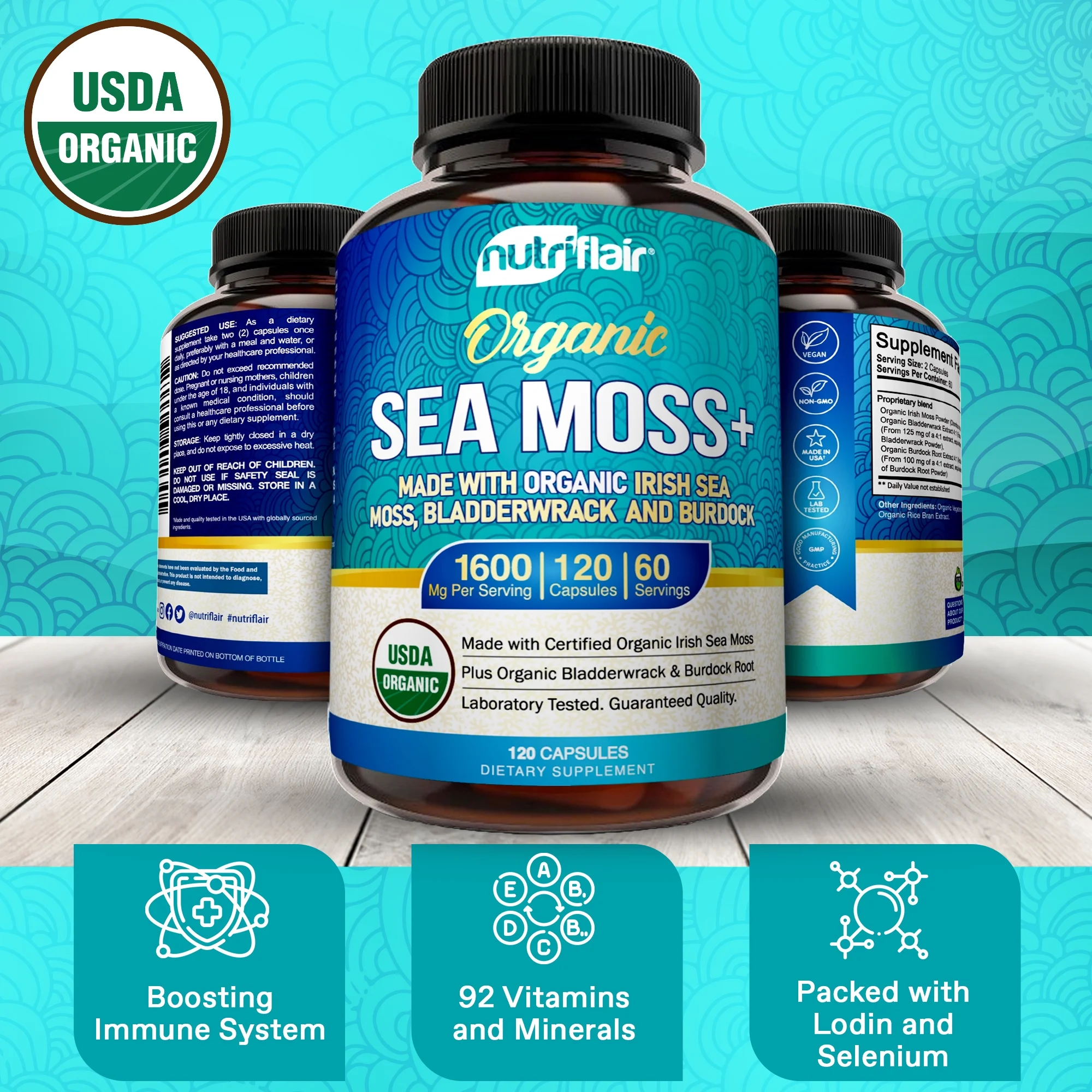 NutriFlair USDA Certified Organic Sea Moss Capsules 1600mg, 120 Capsules – Immunity, Gut, Energy – Superfood Sea Moss Supplements with Raw Sea Moss Powder for Women and Men