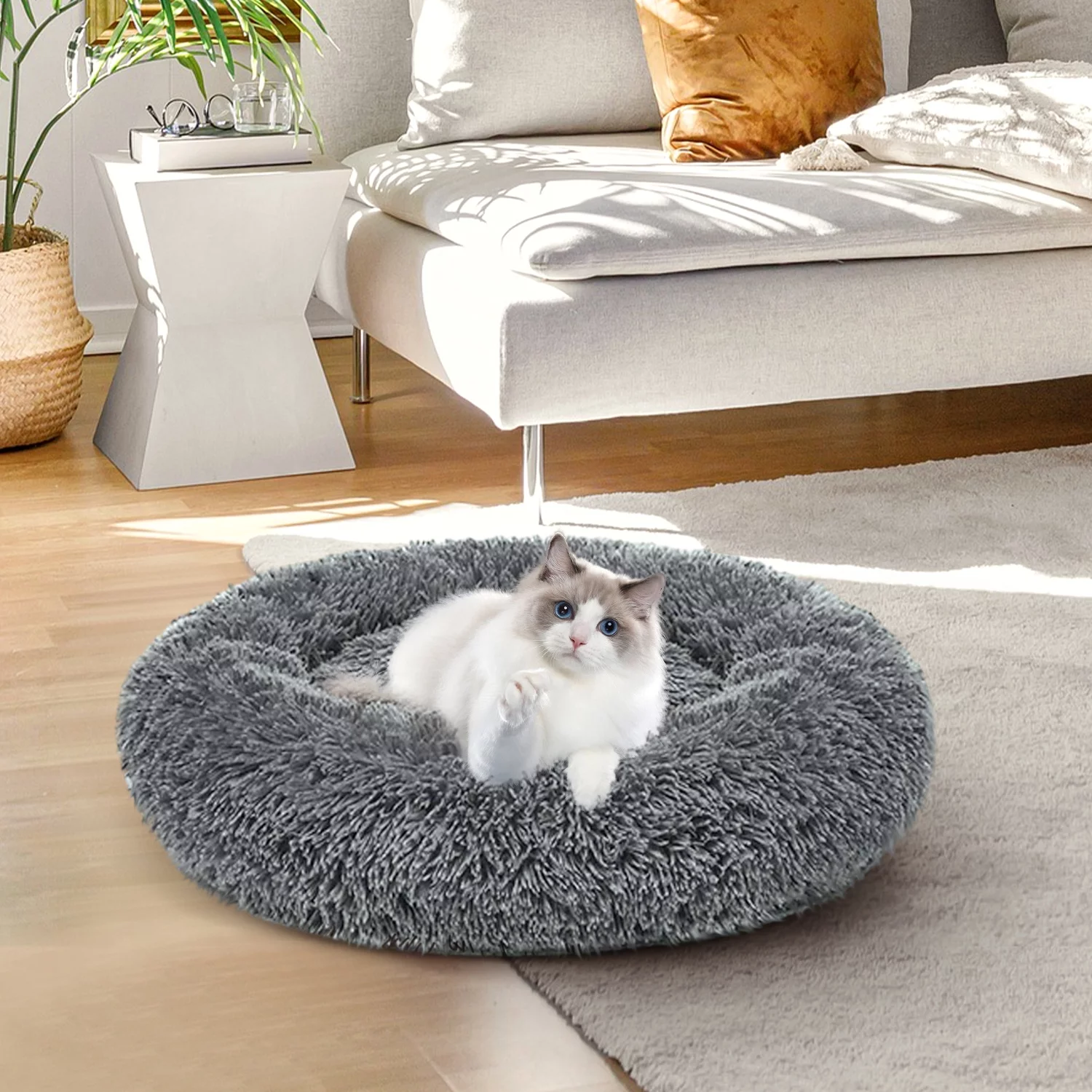 Calming Dog & Cat Bed, Anti-Anxiety Donut Cuddler Warming Cozy Soft Round Bed, Fluffy Faux Fur Plush Cushion Bed for Medium Small Dogs and Cats, 24″