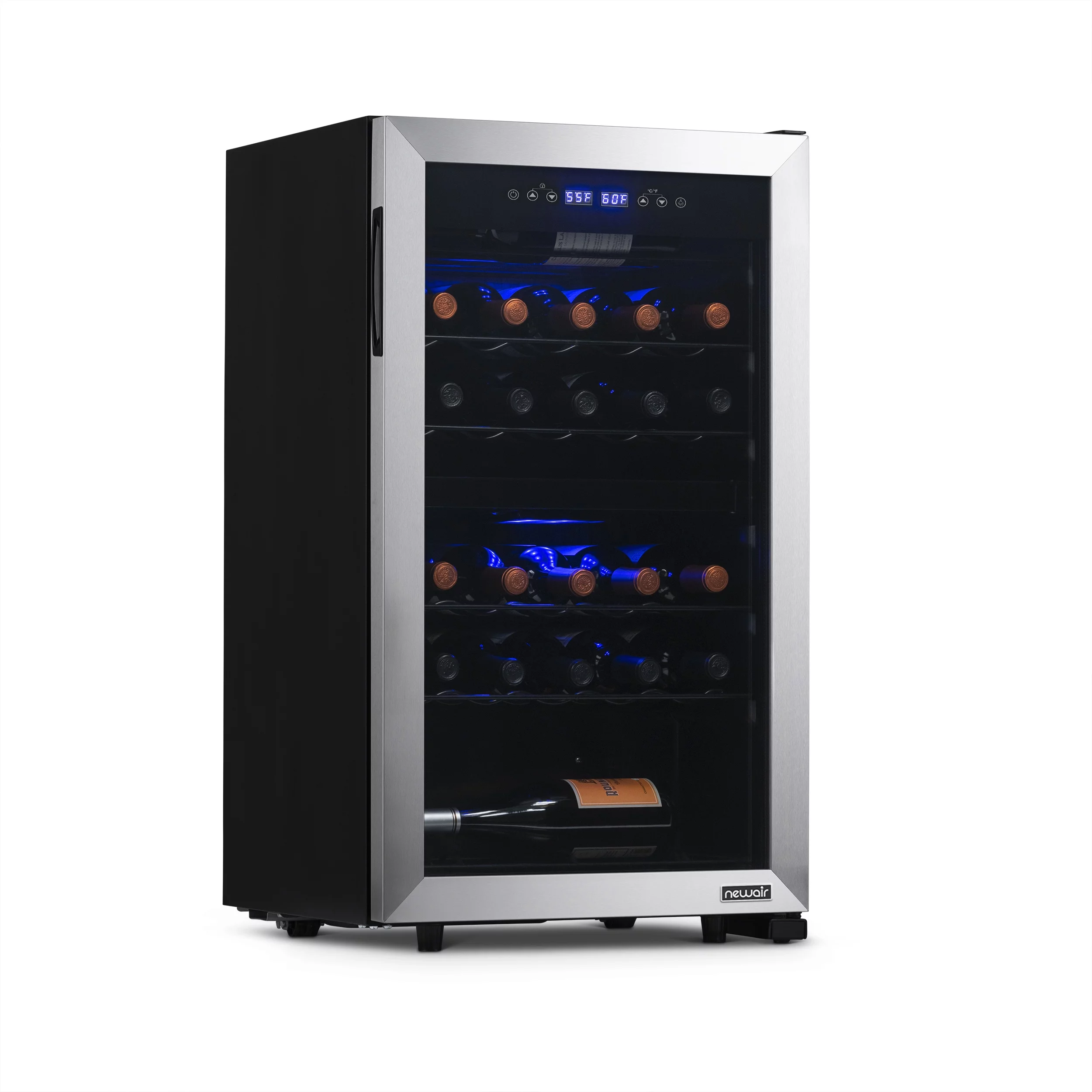 NewAirFreestanding 28Bottle Dual Zone CompressorWine Fridgein Stainless Steel, Adjustable Racks and Exterior Digital Thermostat